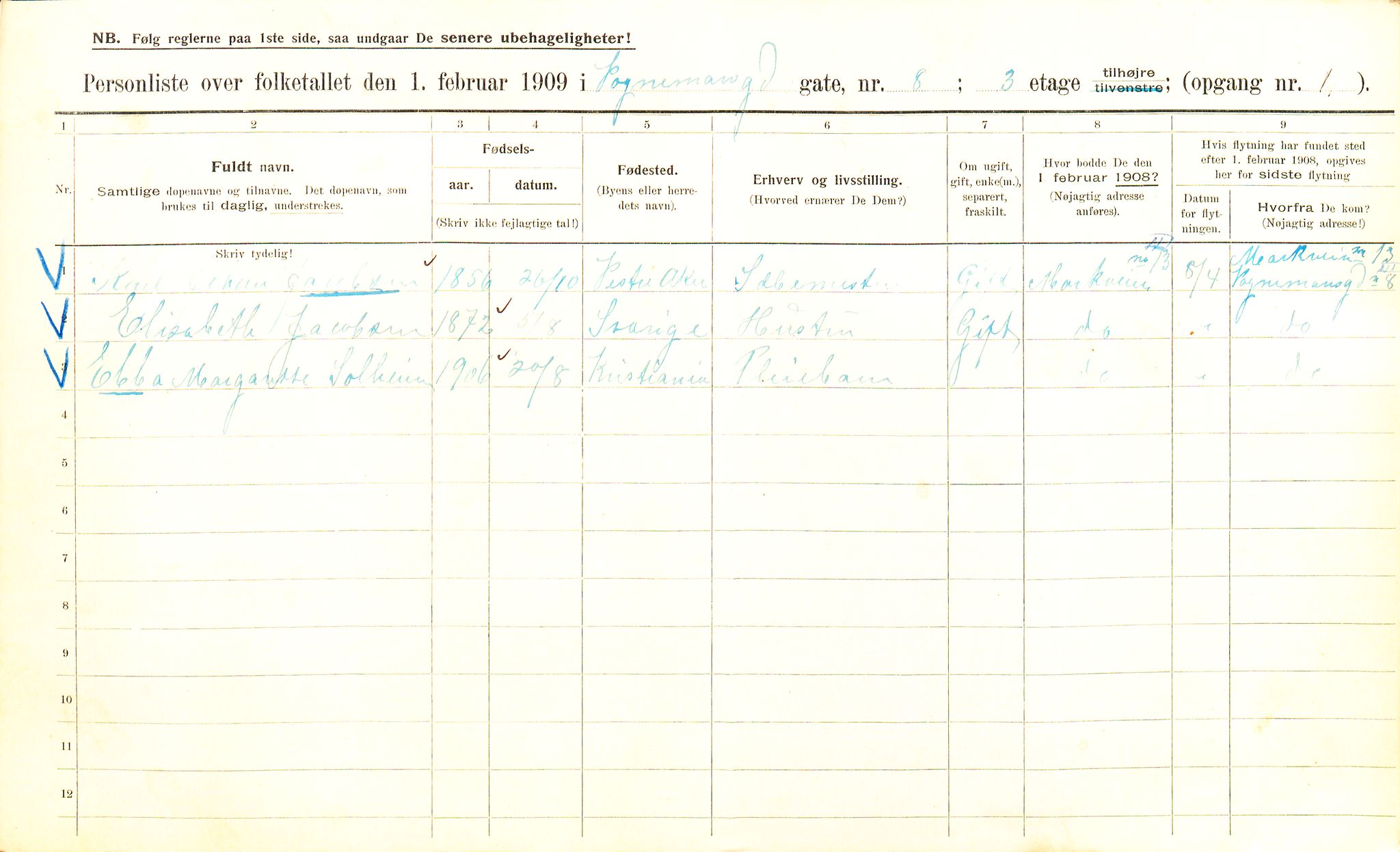 OBA, Municipal Census 1909 for Kristiania, 1909, p. 112618