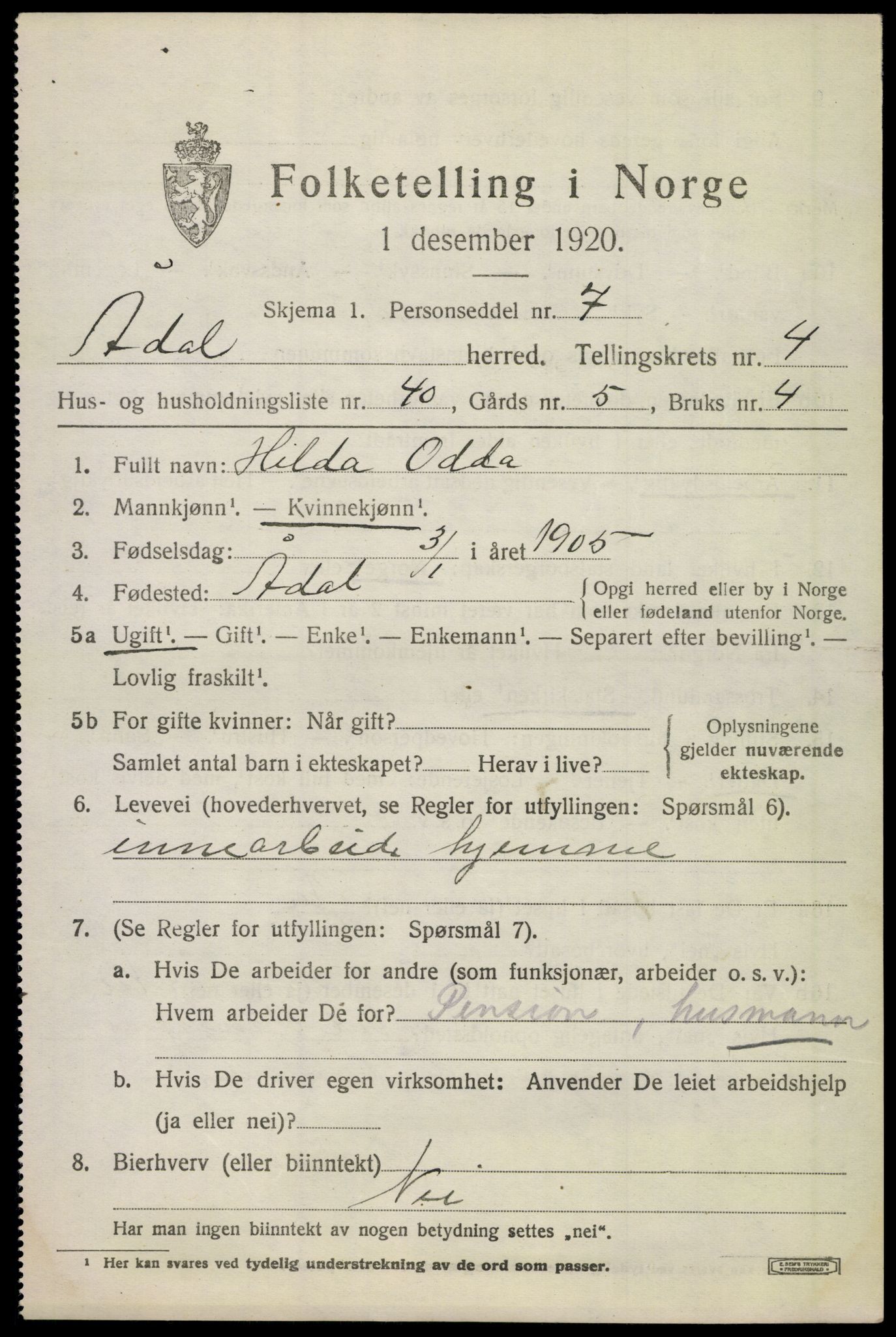 SAKO, 1920 census for Ådal, 1920, p. 4102