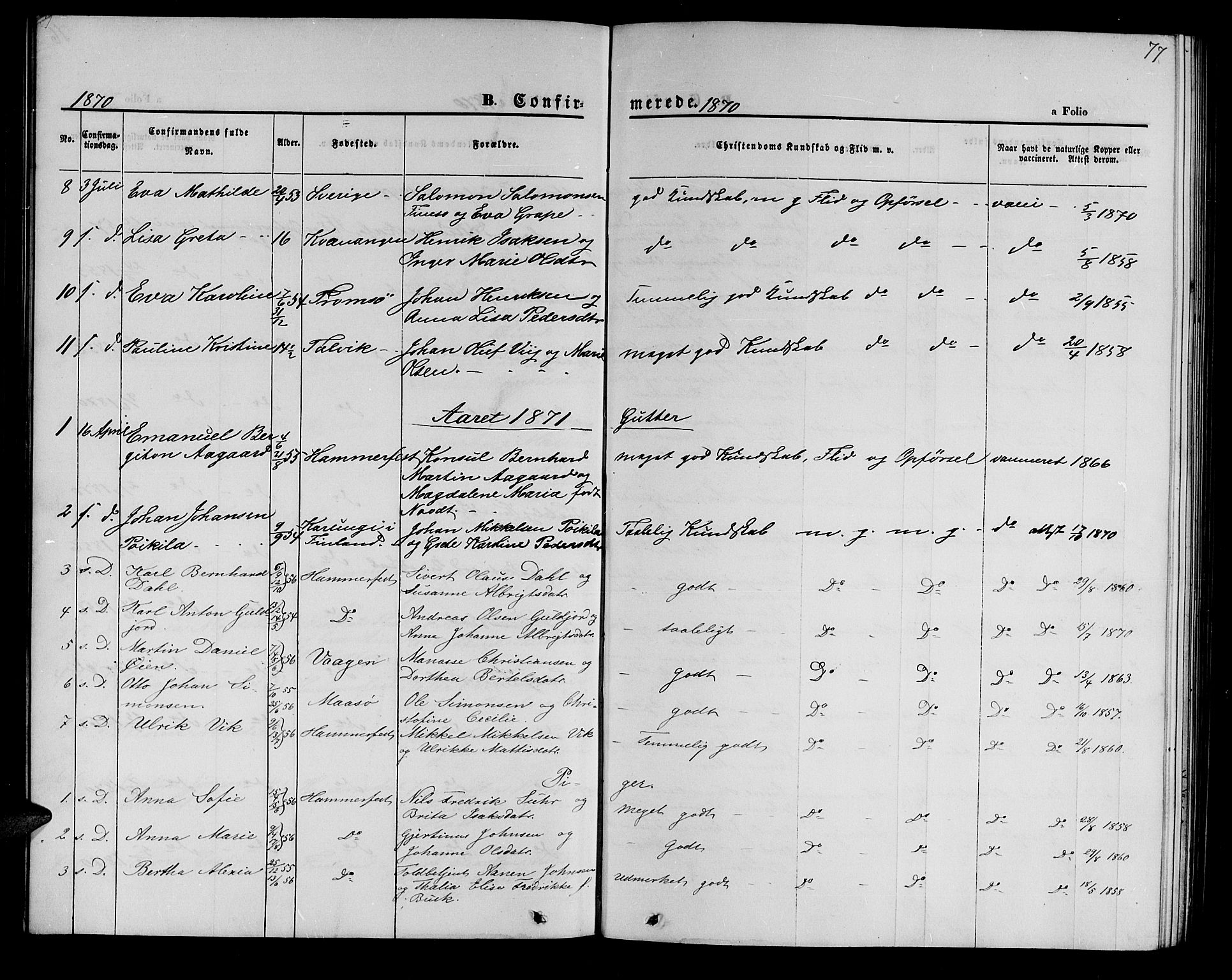 Hammerfest sokneprestkontor, AV/SATØ-S-1347/H/Hb/L0004.klokk: Parish register (copy) no. 4, 1869-1877, p. 77