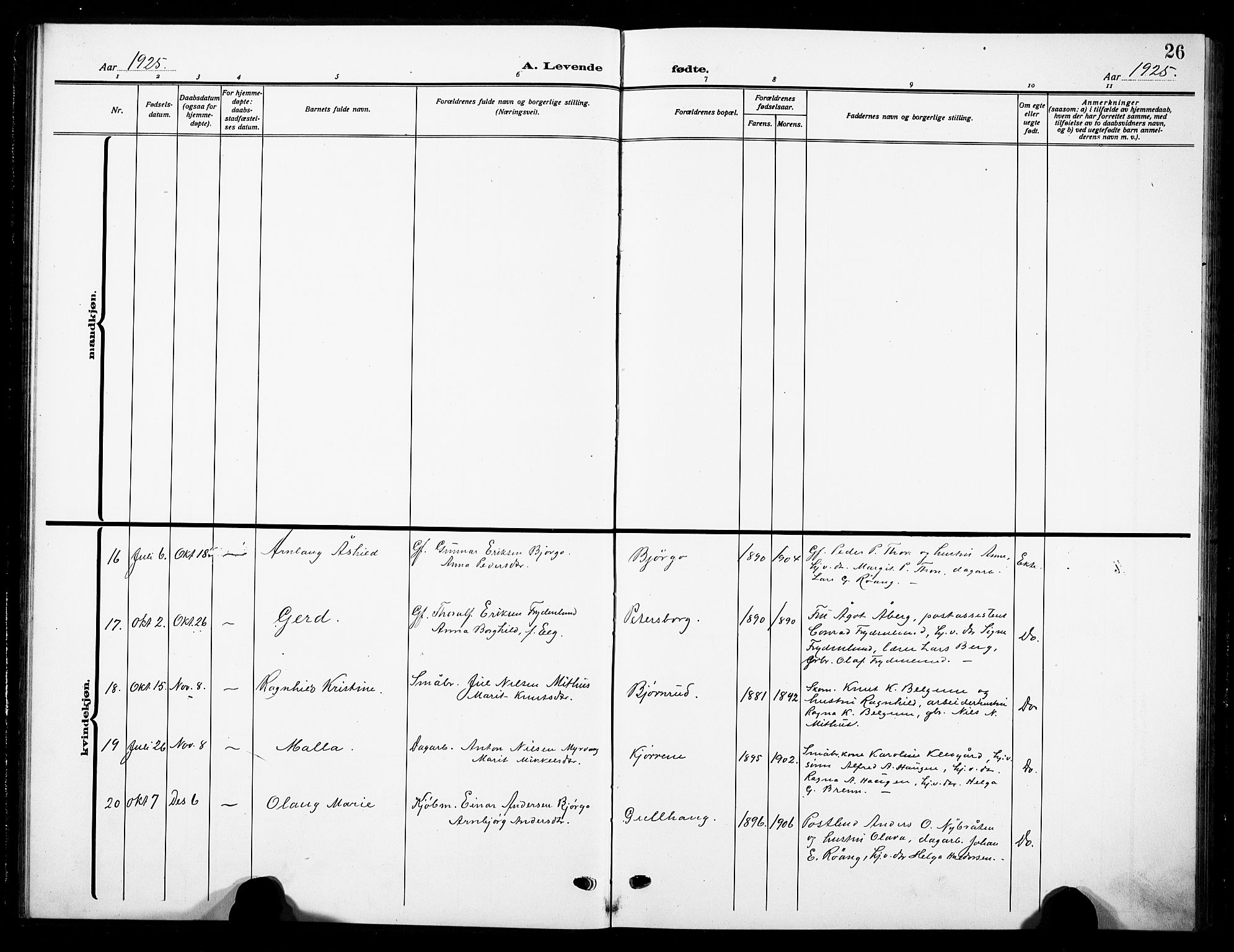 Nord-Aurdal prestekontor, AV/SAH-PREST-132/H/Ha/Hab/L0016: Parish register (copy) no. 16, 1920-1932, p. 26