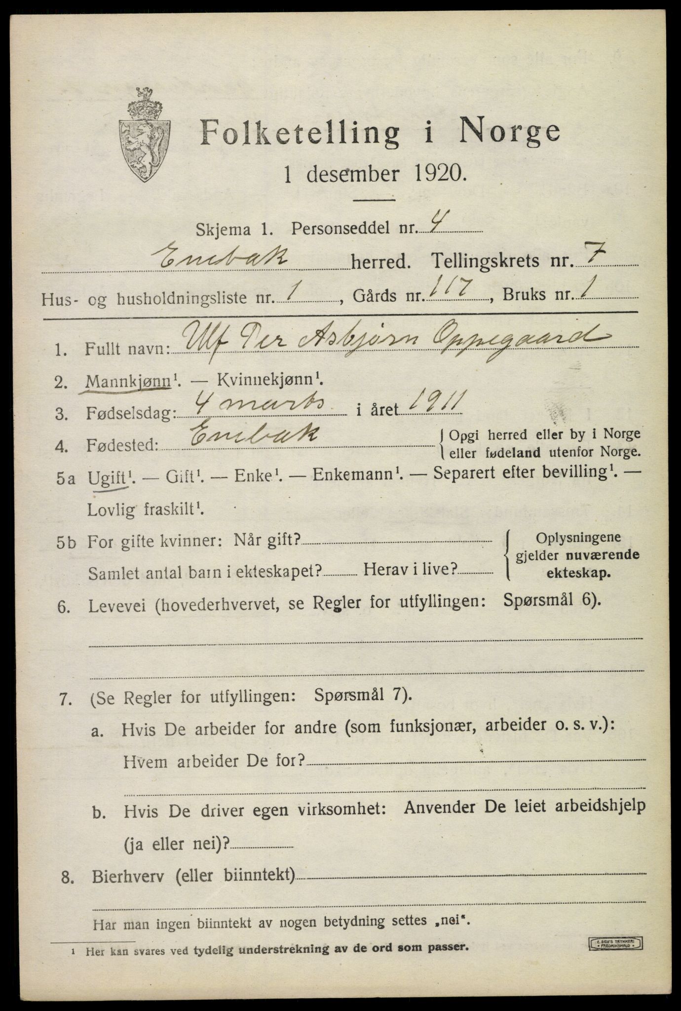 SAO, 1920 census for Enebakk, 1920, p. 6093