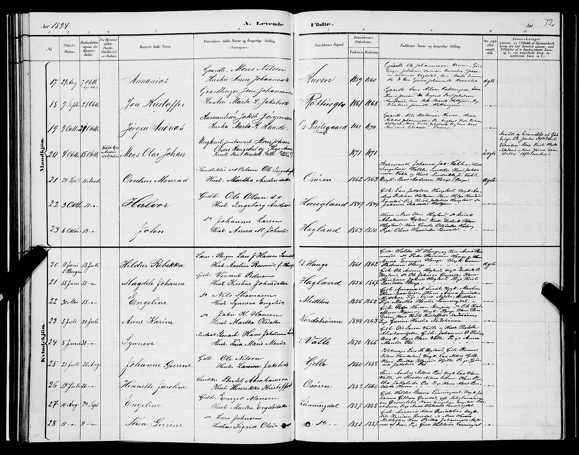 Os sokneprestembete, AV/SAB-A-99929: Parish register (copy) no. A 2, 1880-1896, p. 72