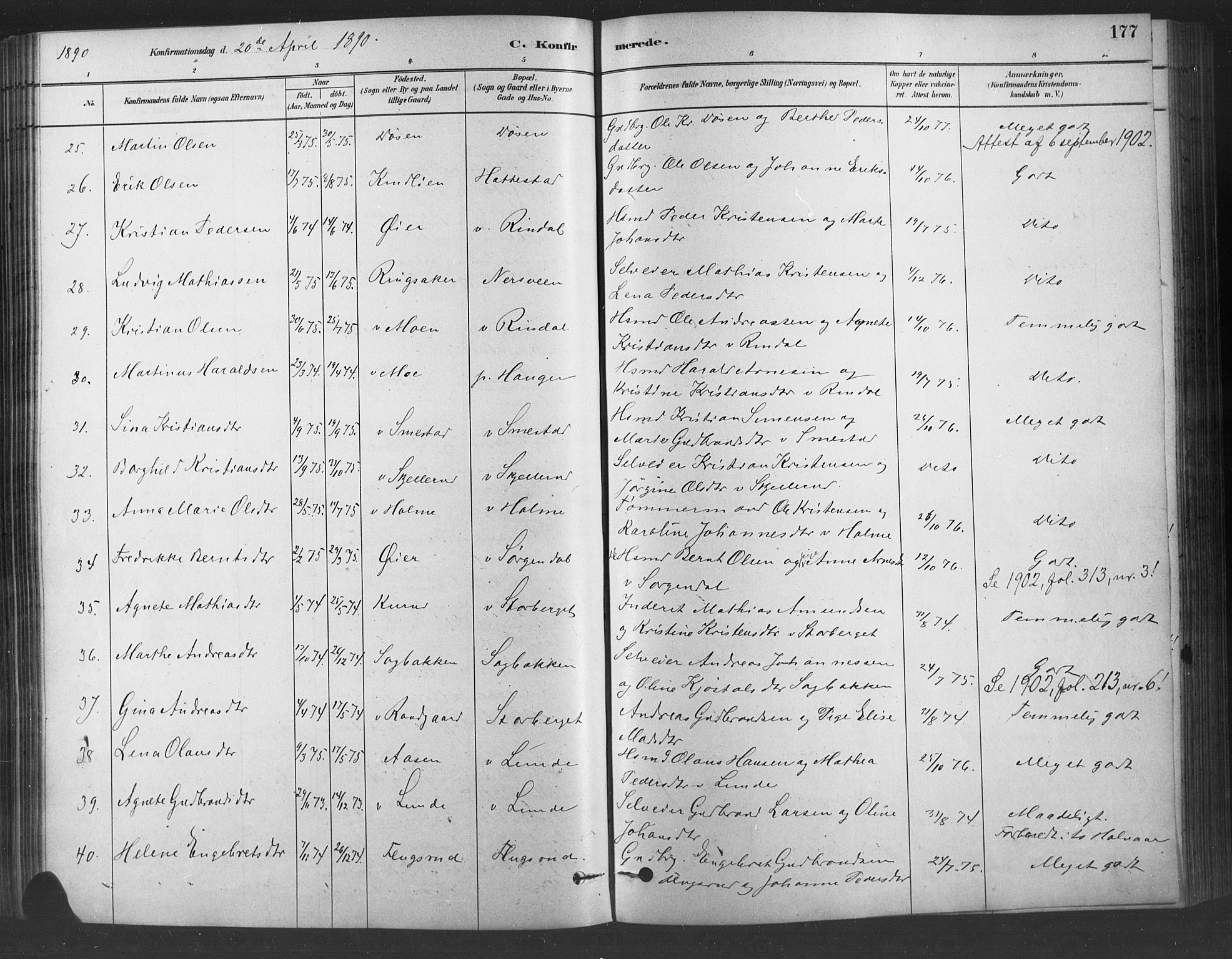Fåberg prestekontor, SAH/PREST-086/H/Ha/Haa/L0009: Parish register (official) no. 9, 1879-1898, p. 177