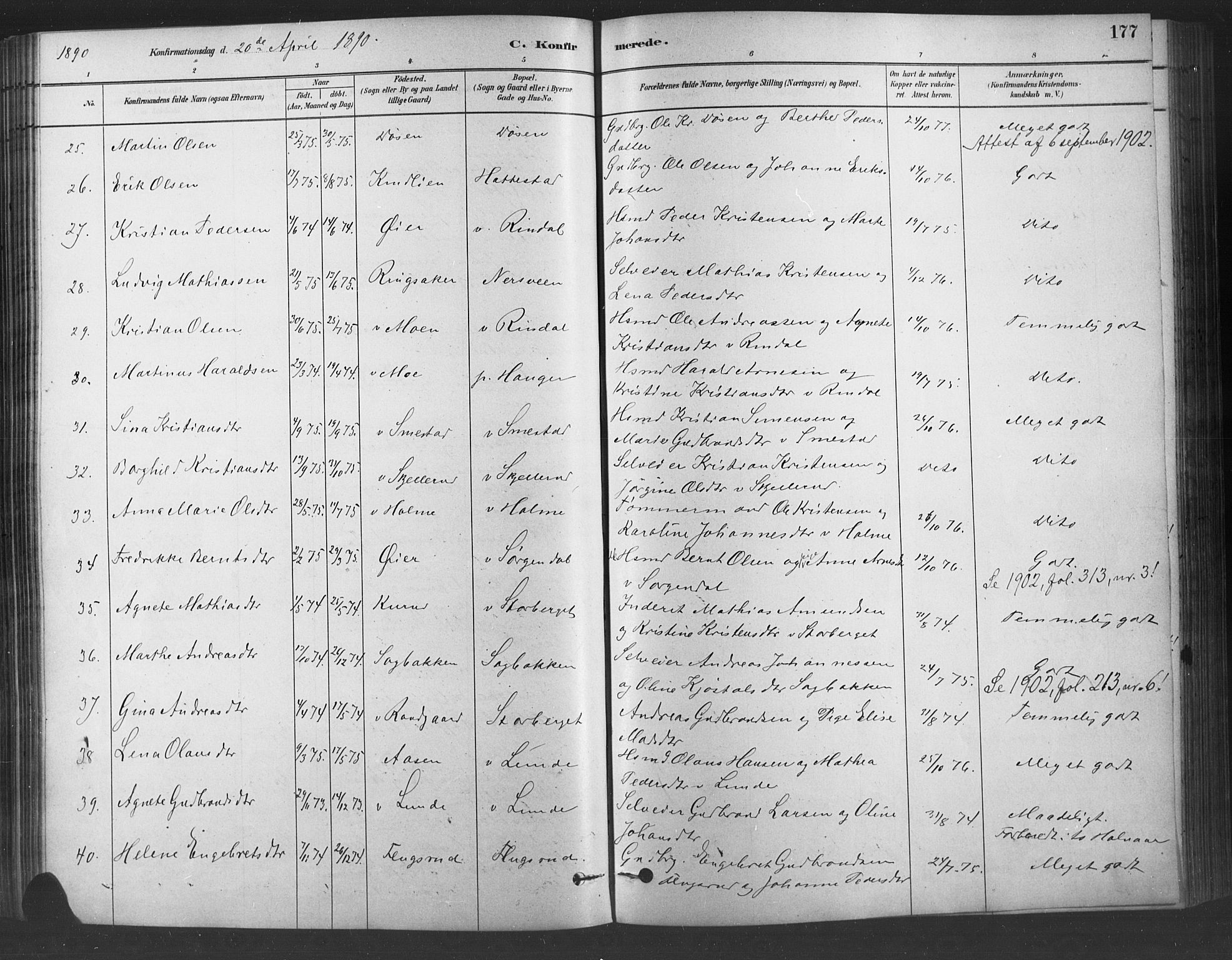 Fåberg prestekontor, AV/SAH-PREST-086/H/Ha/Haa/L0009: Parish register (official) no. 9, 1879-1898, p. 177