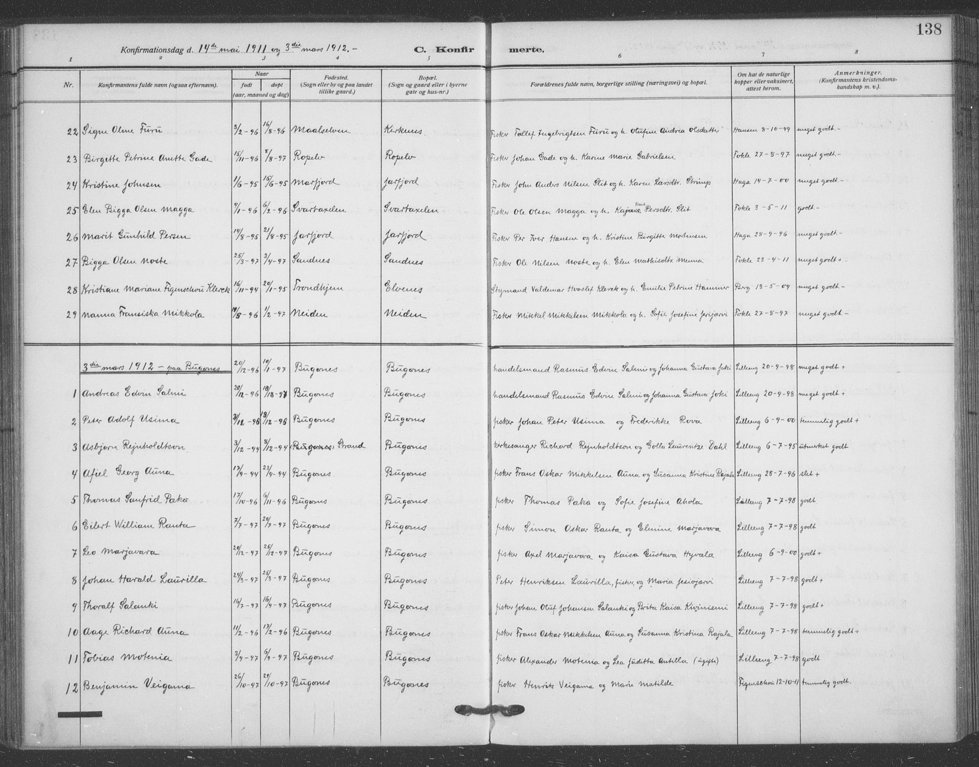 Sør-Varanger sokneprestkontor, AV/SATØ-S-1331/H/Ha/L0005kirke: Parish register (official) no. 5, 1909-1919, p. 138