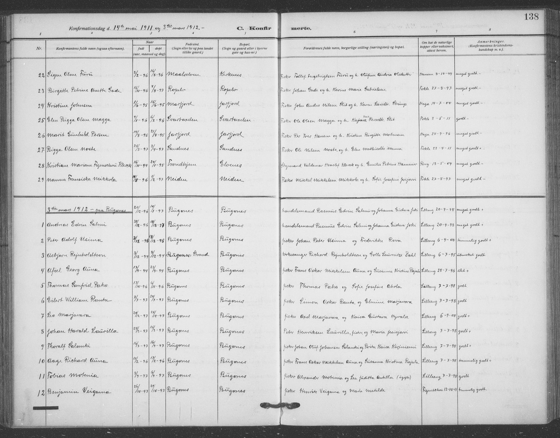 Sør-Varanger sokneprestkontor, SATØ/S-1331/H/Ha/L0005kirke: Parish register (official) no. 5, 1909-1919, p. 138