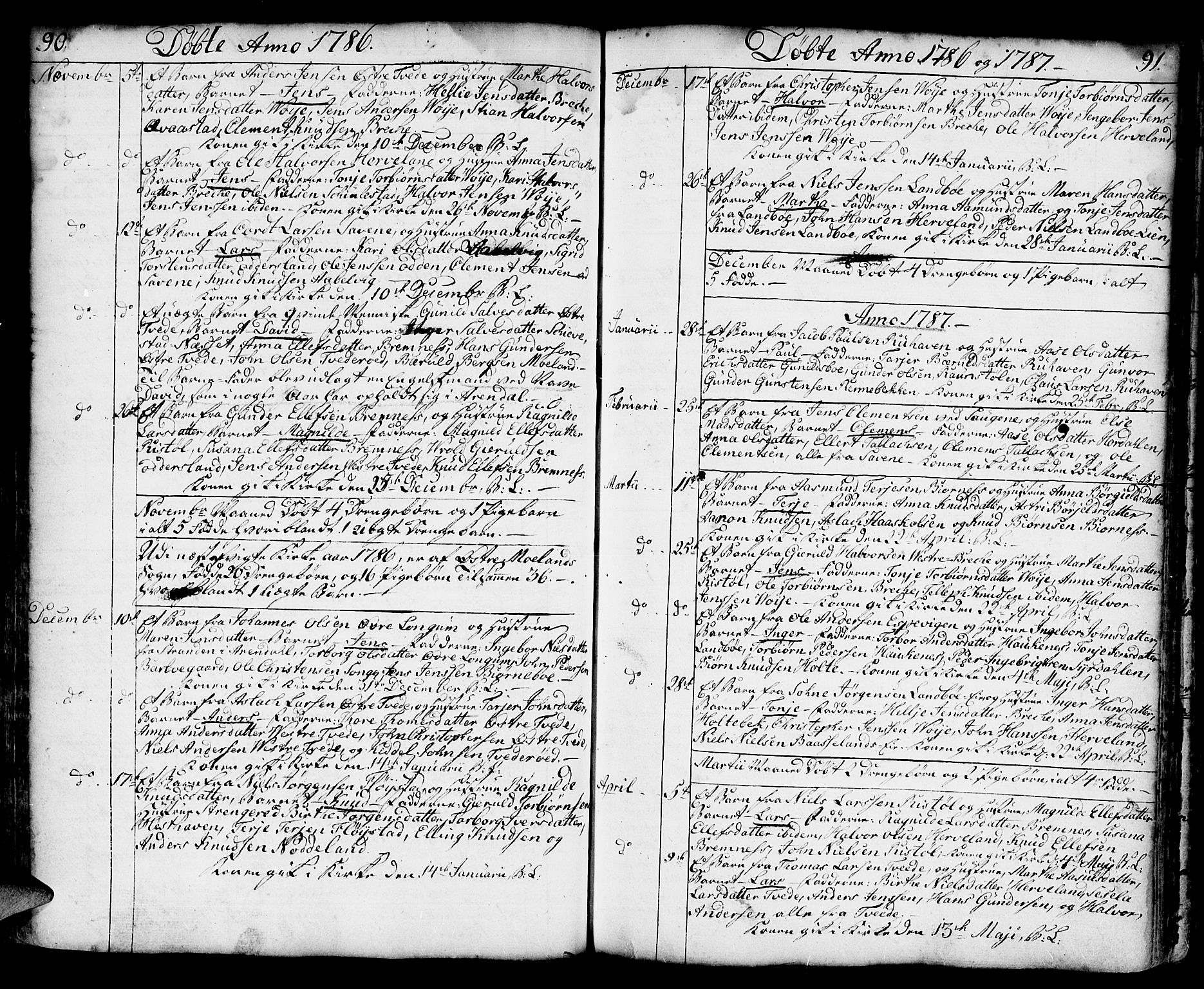 Austre Moland sokneprestkontor, AV/SAK-1111-0001/F/Fa/Faa/L0002: Parish register (official) no. A 2, 1747-1808, p. 90-91