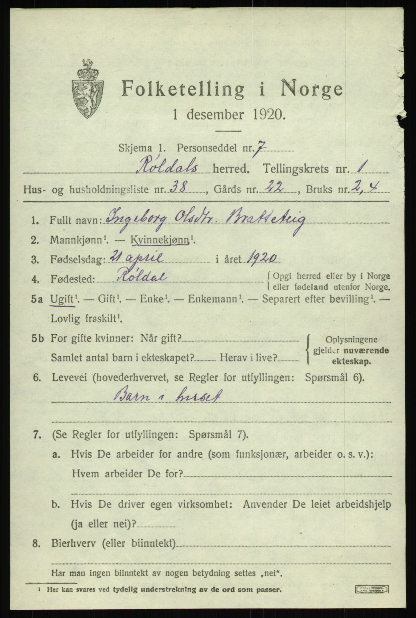 SAB, 1920 census for Røldal, 1920, p. 737