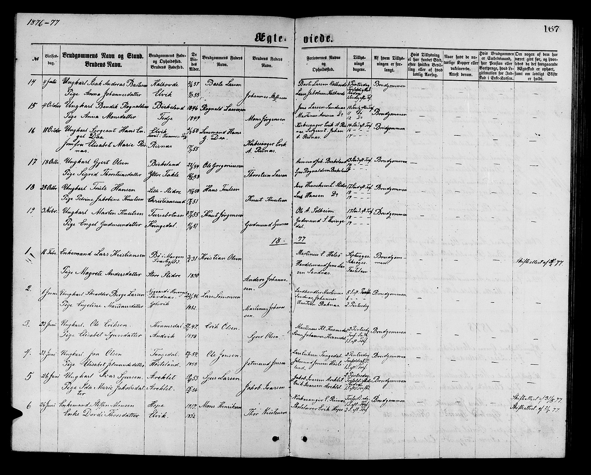 Masfjorden Sokneprestembete, AV/SAB-A-77001: Parish register (copy) no. A 2, 1876-1891, p. 167