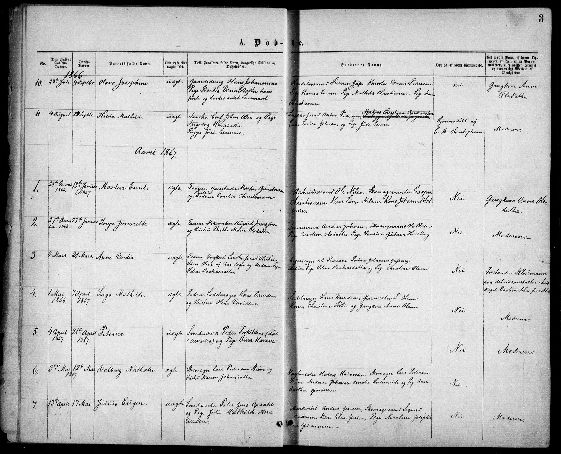 Krohgstøtten sykehusprest Kirkebøker, SAO/A-10854/F/Fa/L0001: Parish register (official) no. 1, 1865-1873, p. 3
