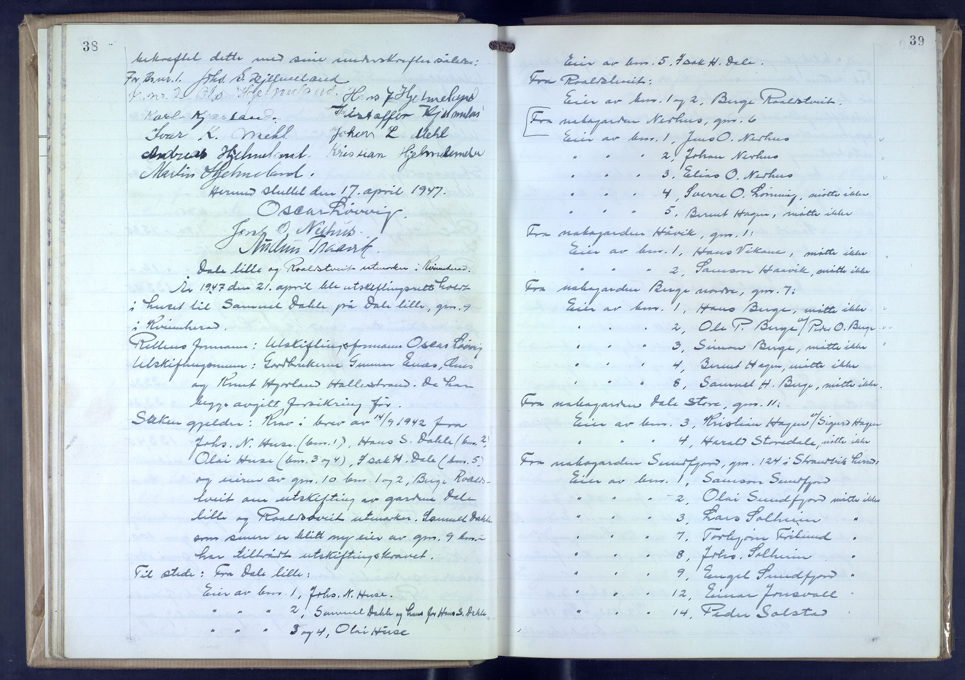Hordaland jordskiftedøme - VII Indre Sunnhordland jordskiftedistrikt, AV/SAB-A-7401/A/Aa/L0025: Forhandlingsprotokoll, 1946-1952, p. 38-39