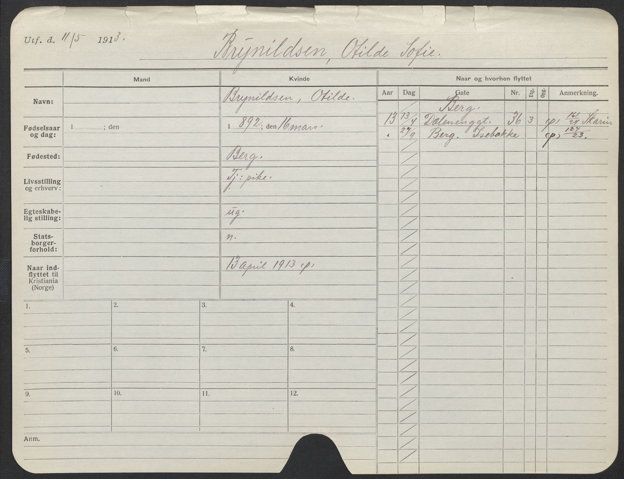 Oslo folkeregister, Registerkort, AV/SAO-A-11715/F/Fa/Fac/L0013: Kvinner, 1906-1914, p. 927a