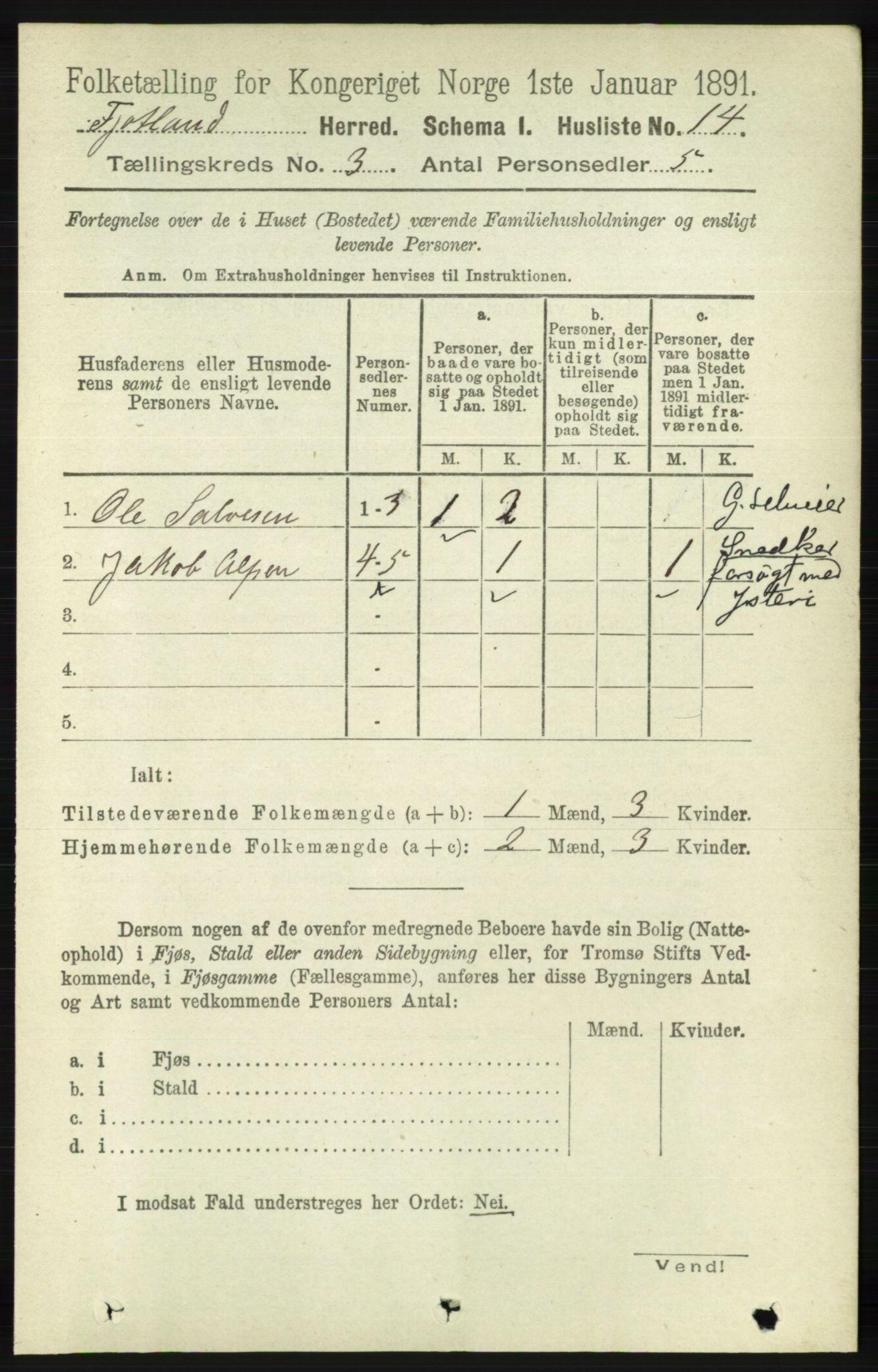 RA, 1891 census for 1036 Fjotland, 1891, p. 385