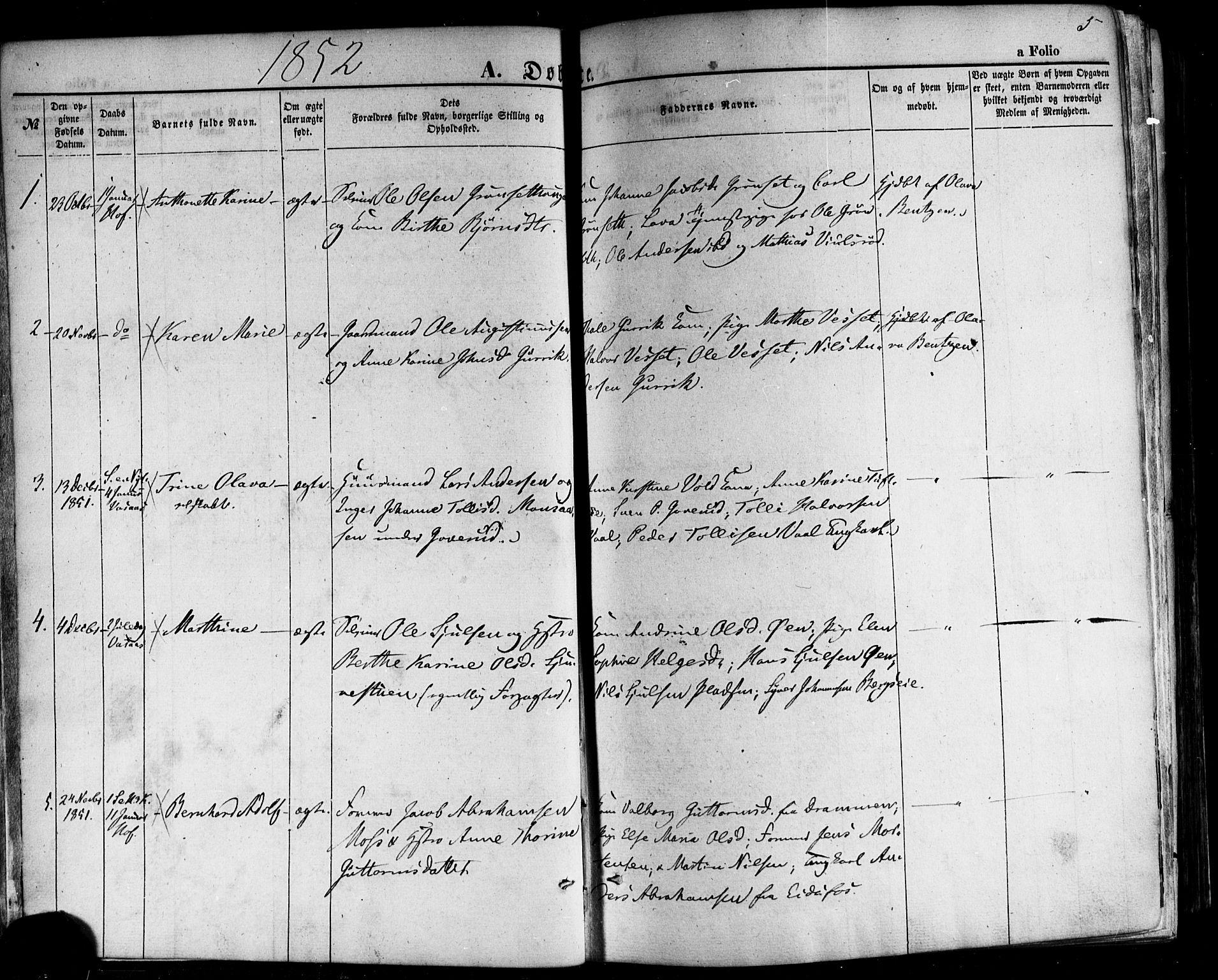 Hof kirkebøker, AV/SAKO-A-64/F/Fa/L0006: Parish register (official) no. I 6, 1851-1877, p. 5