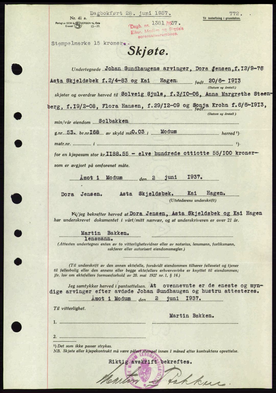 Eiker, Modum og Sigdal sorenskriveri, SAKO/A-123/G/Ga/Gab/L0035: Mortgage book no. A5, 1937-1937, Diary no: : 1381/1937