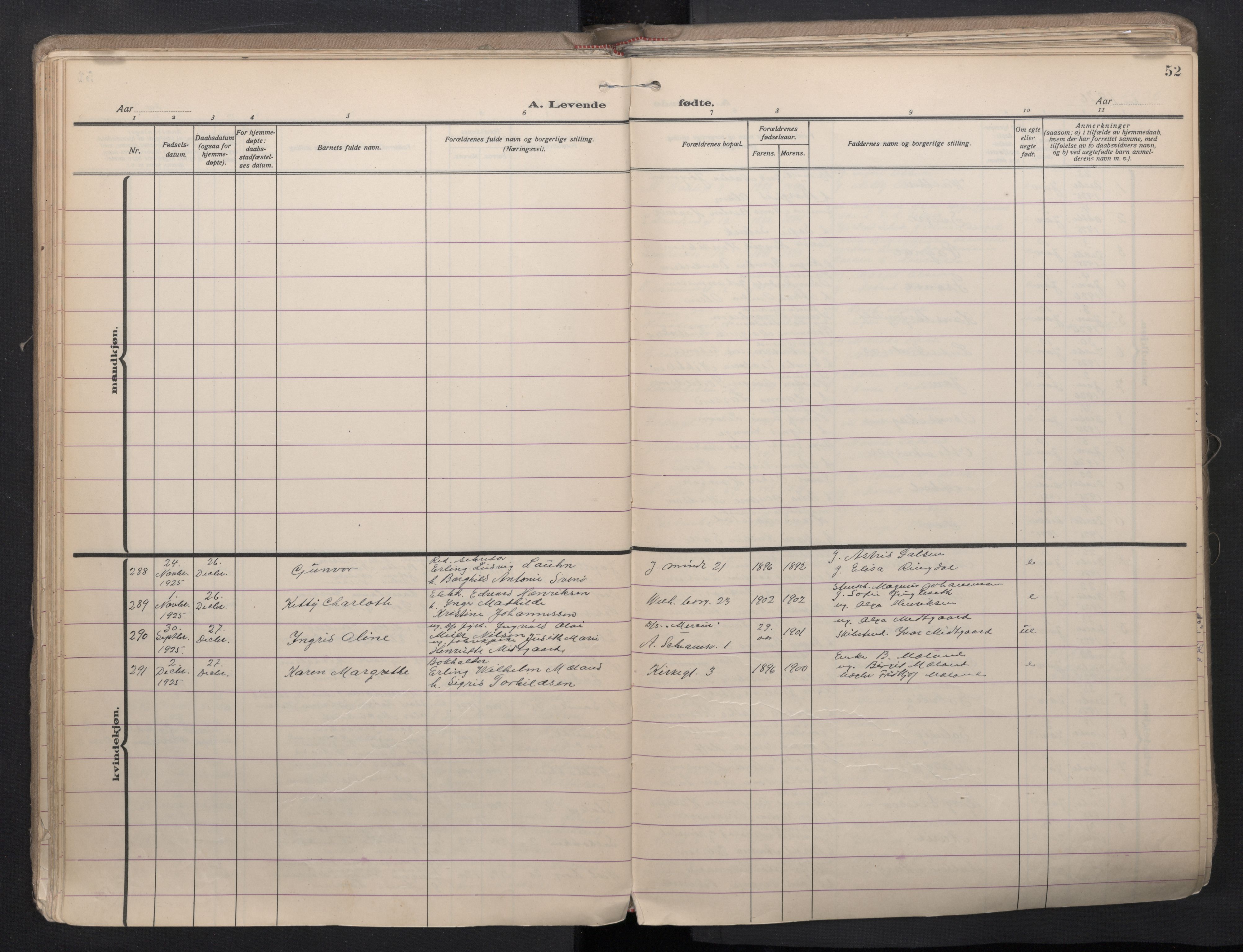 Sandviken Sokneprestembete, AV/SAB-A-77601/H/Ha/L0008: Parish register (official) no. B 5, 1924-1944, p. 52