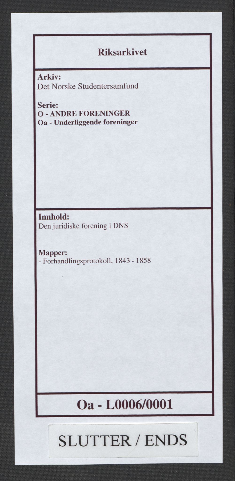 Det Norske Studentersamfund, RA/PA-1322/O/Oa/L0006/0001: Den juridiske forening i DNS / Forhandlingsprotokoll, 1843-1858