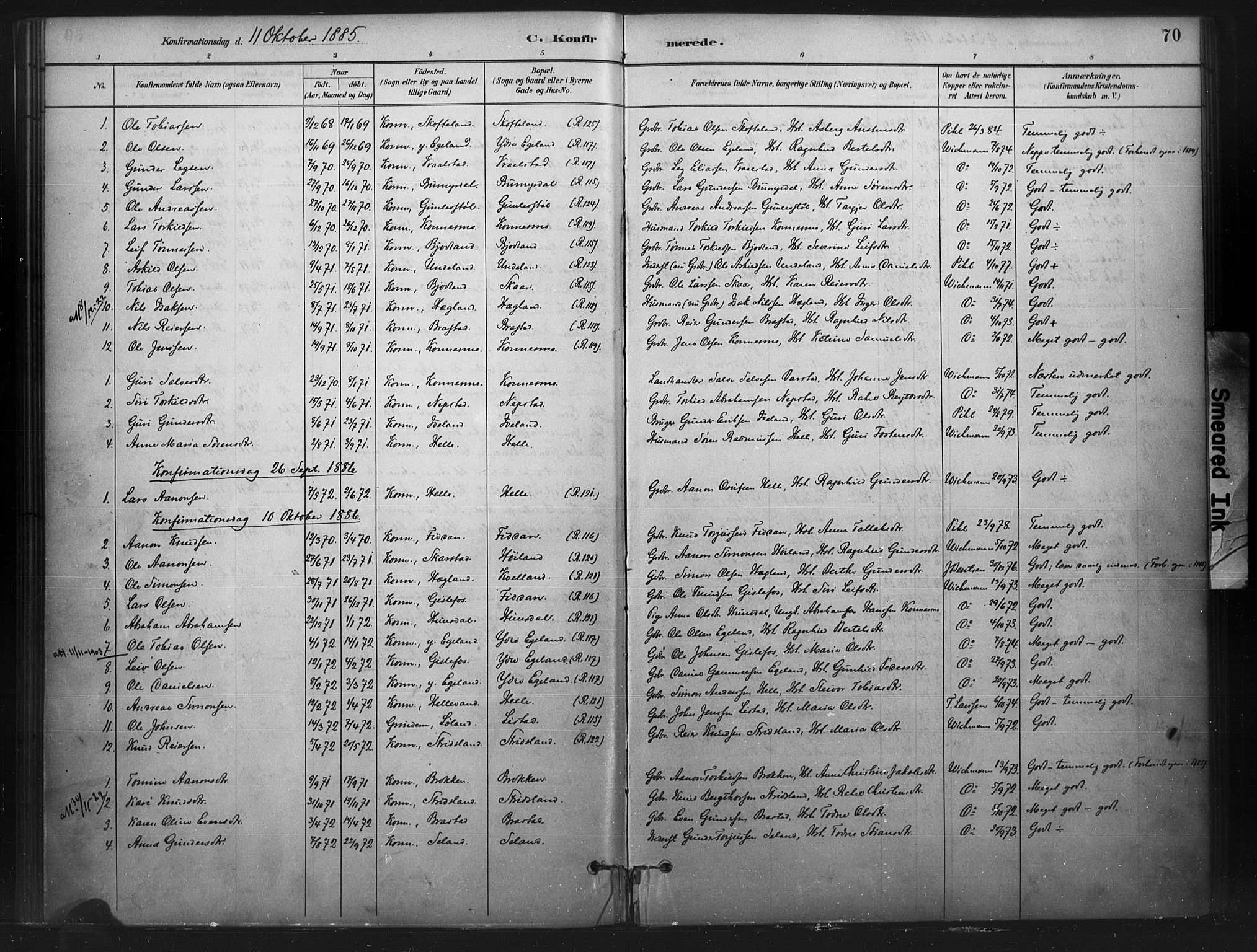 Nord-Audnedal sokneprestkontor, SAK/1111-0032/F/Fa/Faa/L0003: Parish register (official) no. A 3, 1882-1900, p. 70