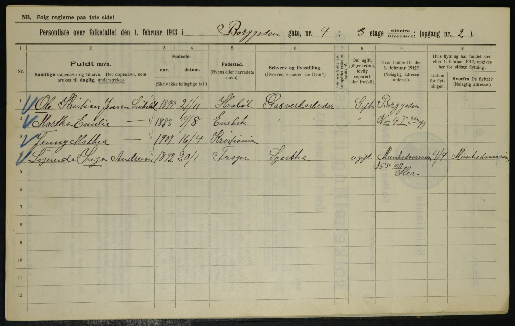 OBA, Municipal Census 1913 for Kristiania, 1913, p. 7586