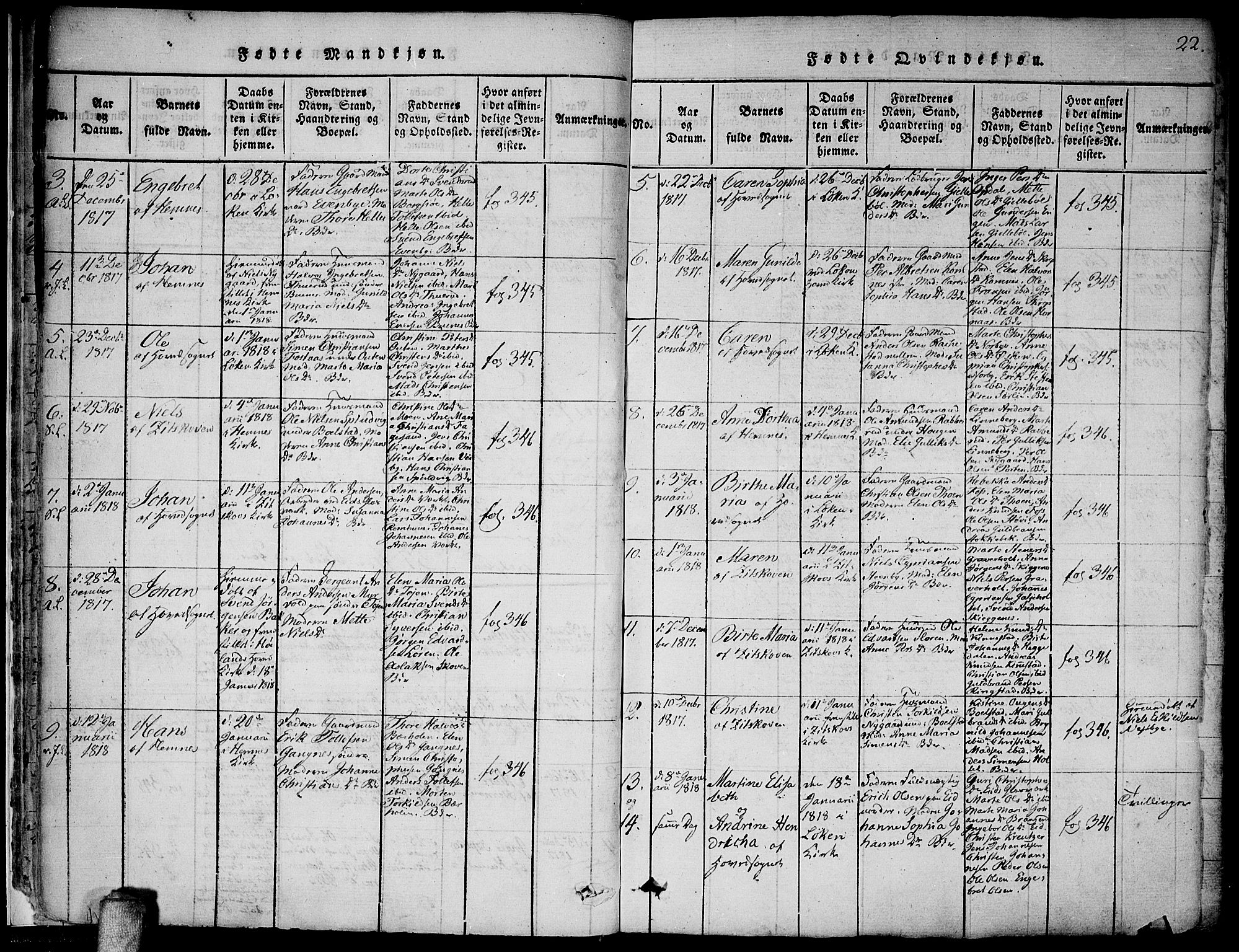 Høland prestekontor Kirkebøker, AV/SAO-A-10346a/F/Fa/L0007: Parish register (official) no. I 7, 1814-1827, p. 22