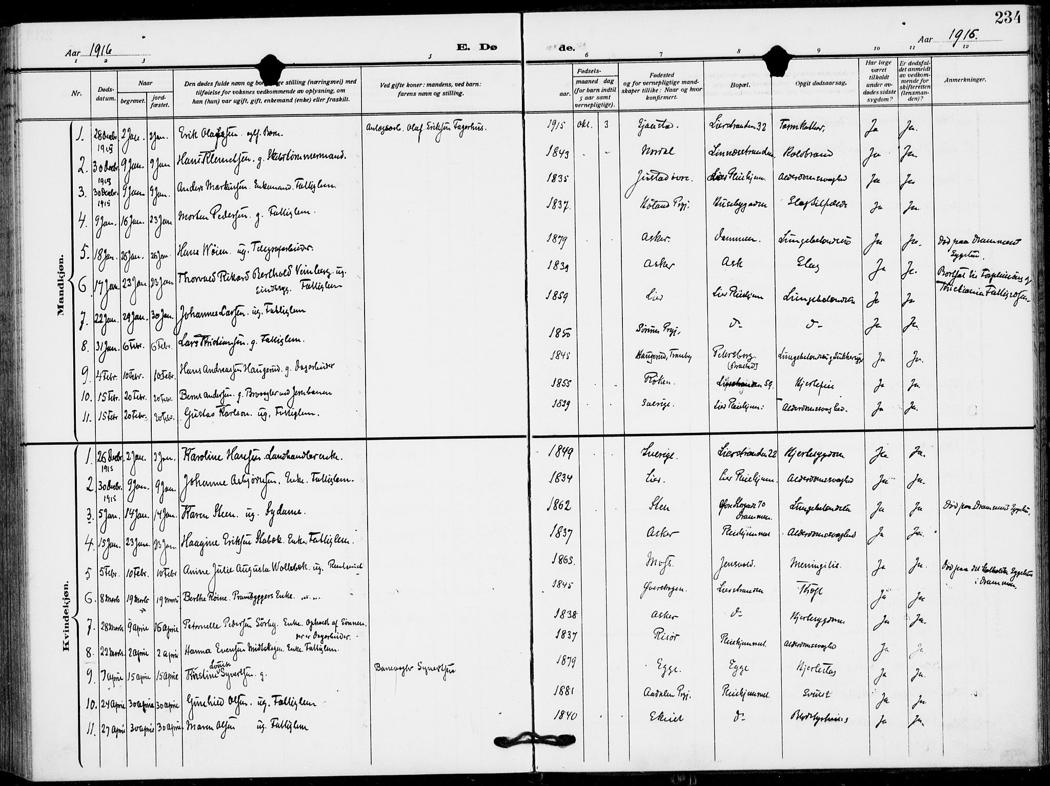 Lier kirkebøker, AV/SAKO-A-230/F/Fa/L0018: Parish register (official) no. I 18, 1909-1917, p. 234