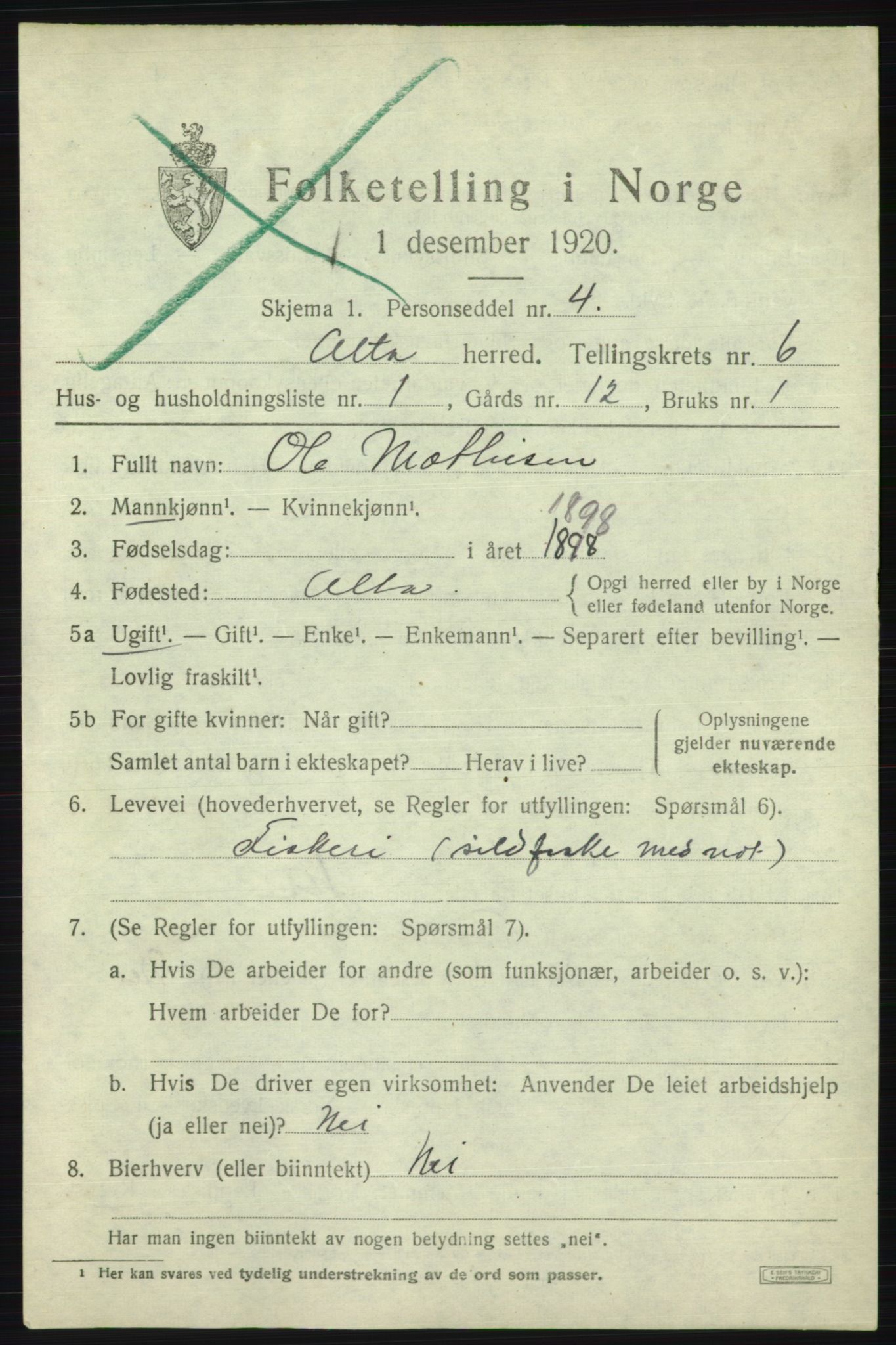 SATØ, 1920 census for Alta, 1920, p. 3891