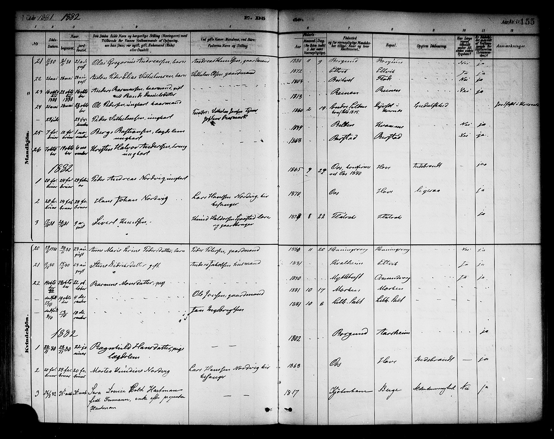Selje sokneprestembete, SAB/A-99938/H/Ha/Haa/Haab: Parish register (official) no. B 1, 1881-1890, p. 155