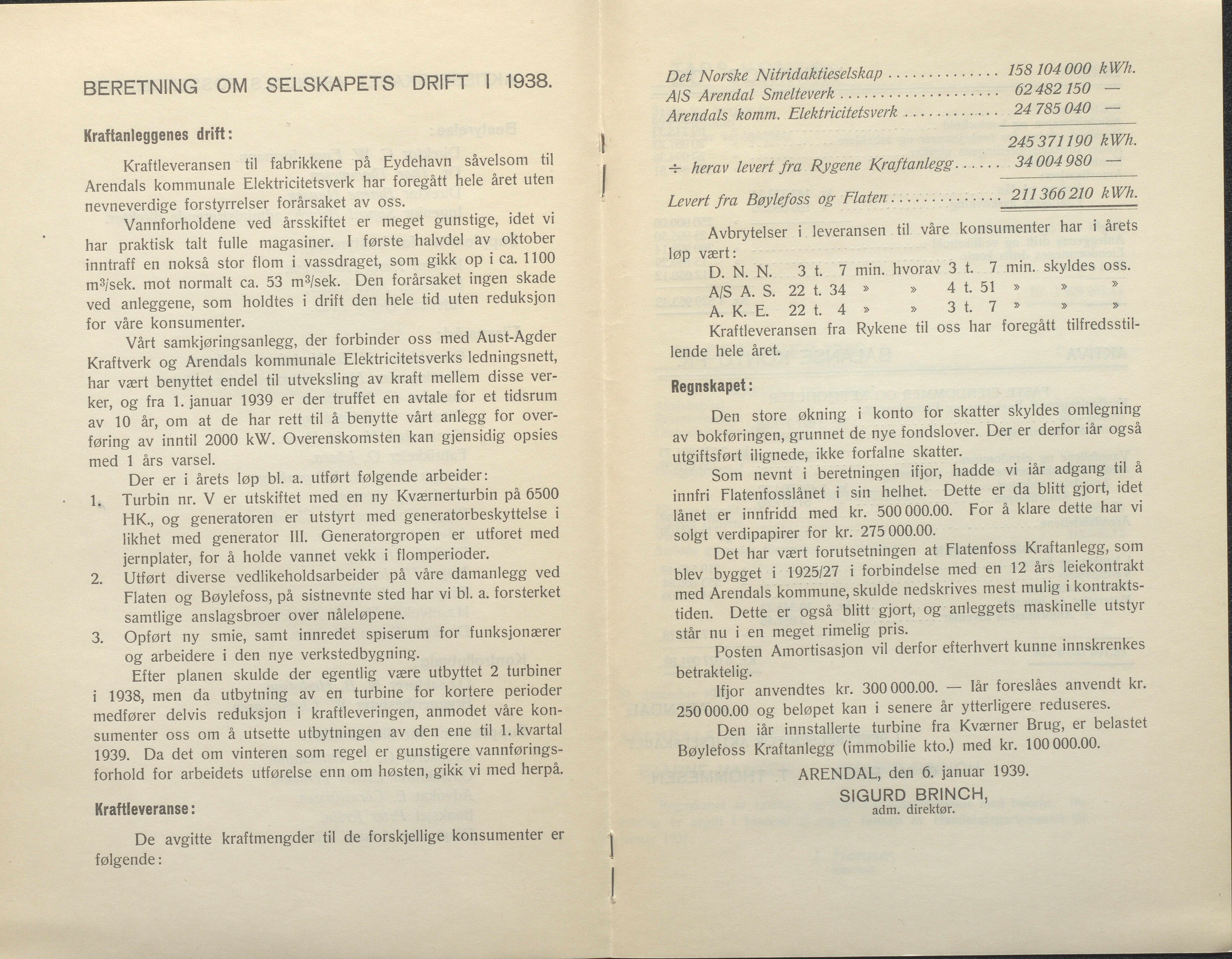 Arendals Fossekompani, AAKS/PA-2413/X/X01/L0001/0010: Beretninger, regnskap, balansekonto, gevinst- og tapskonto / Årsberetning og regnskap 1936 - 1942, 1936-1942