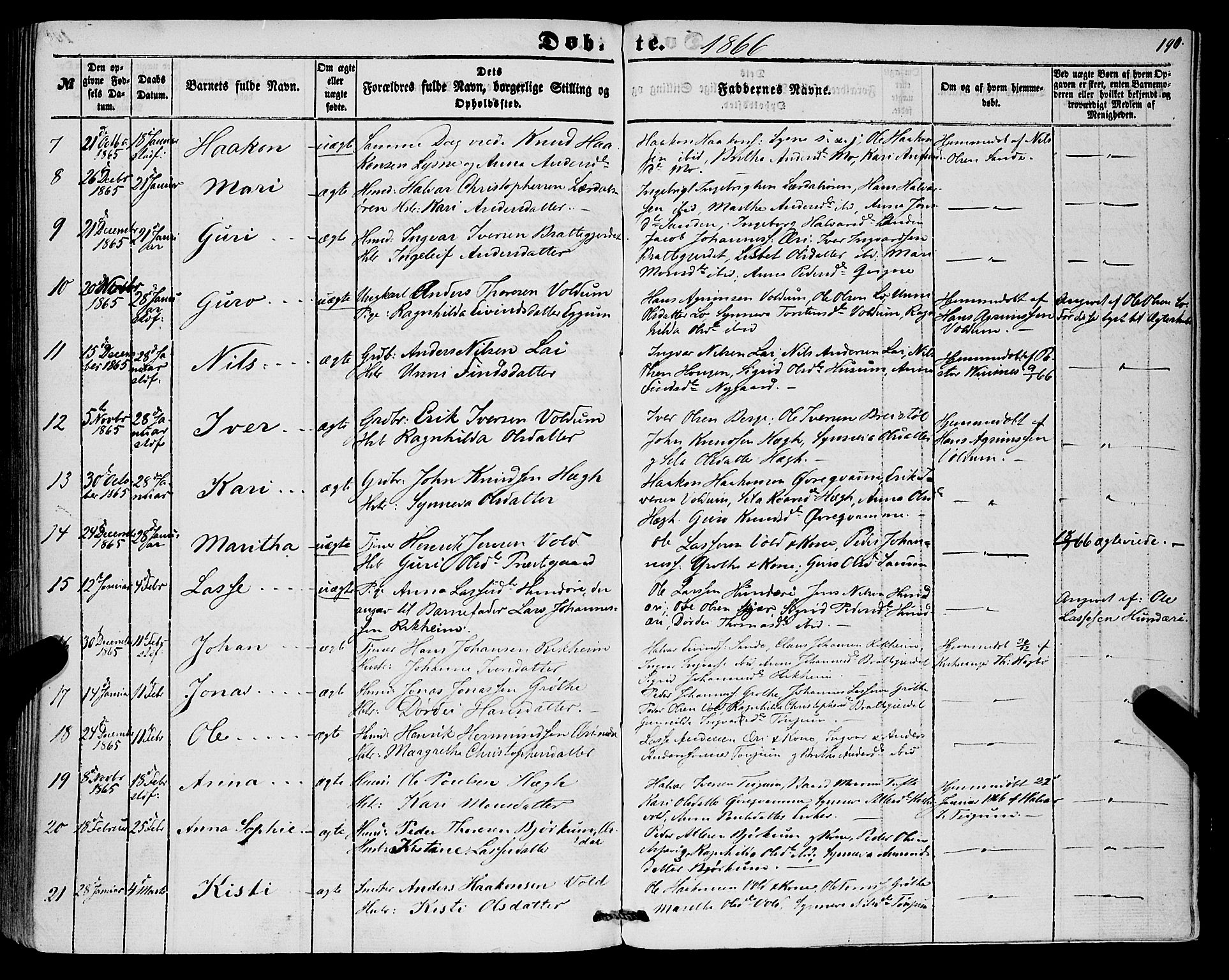 Lærdal sokneprestembete, SAB/A-81201: Parish register (official) no. A 11, 1850-1866, p. 190