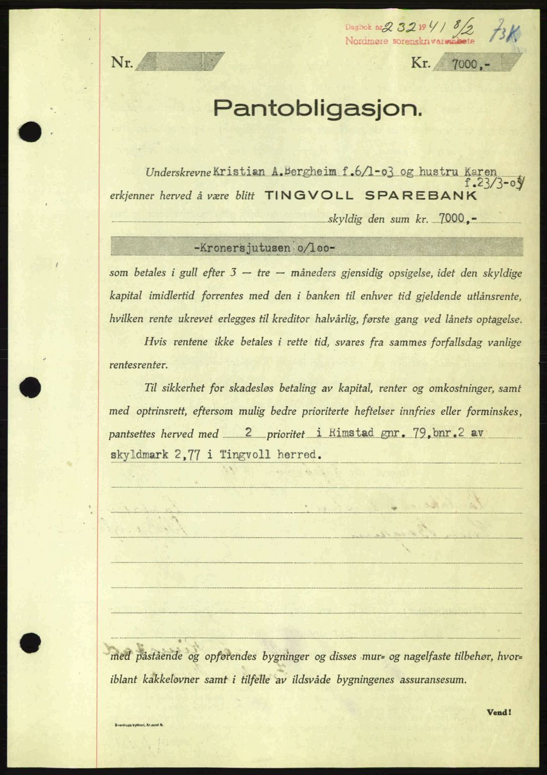 Nordmøre sorenskriveri, AV/SAT-A-4132/1/2/2Ca: Mortgage book no. B87, 1940-1941, Diary no: : 232/1941