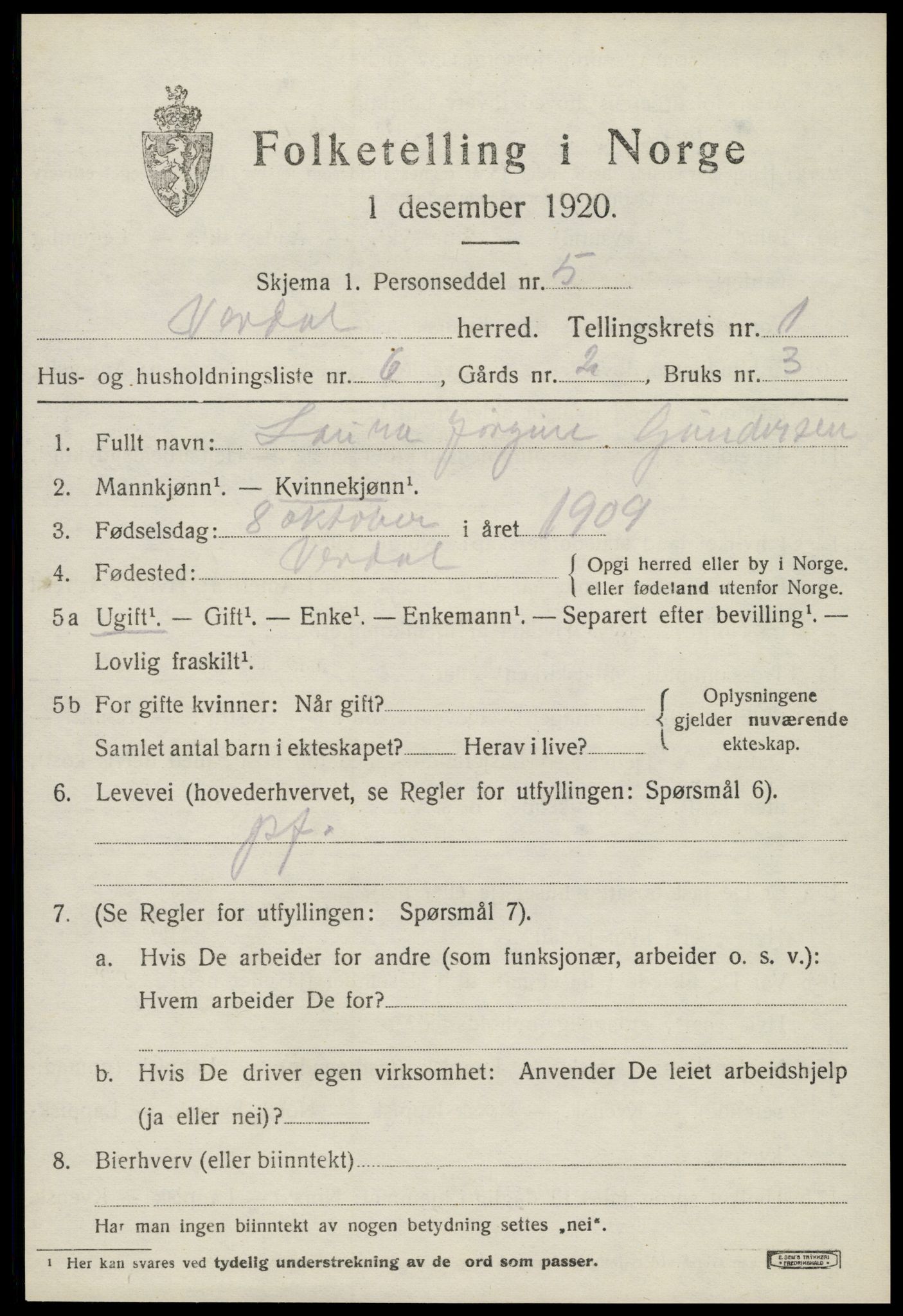 SAT, 1920 census for Verdal, 1920, p. 2381