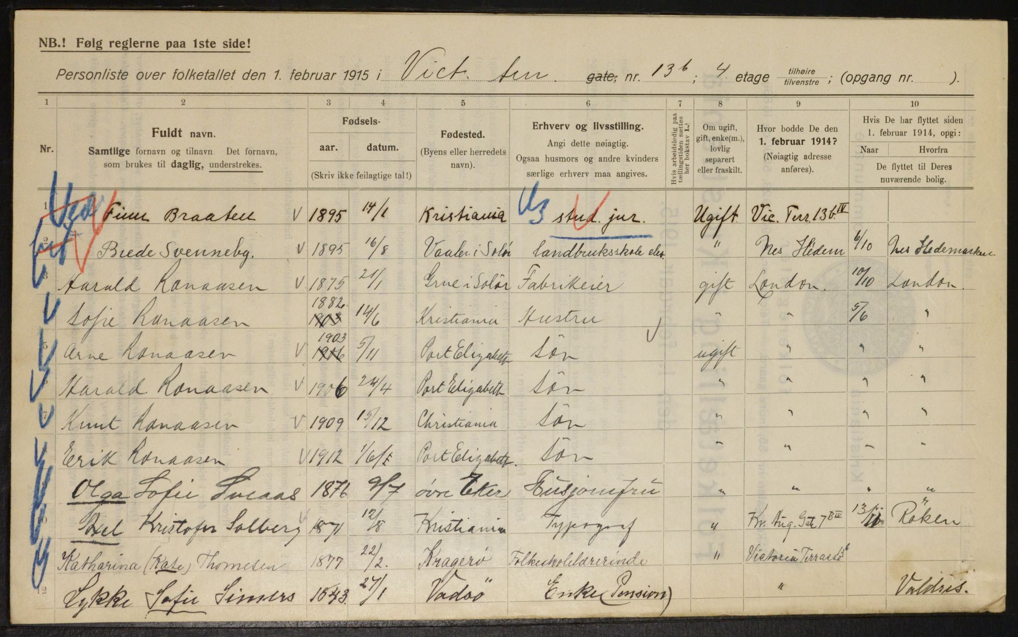 OBA, Municipal Census 1915 for Kristiania, 1915, p. 124136