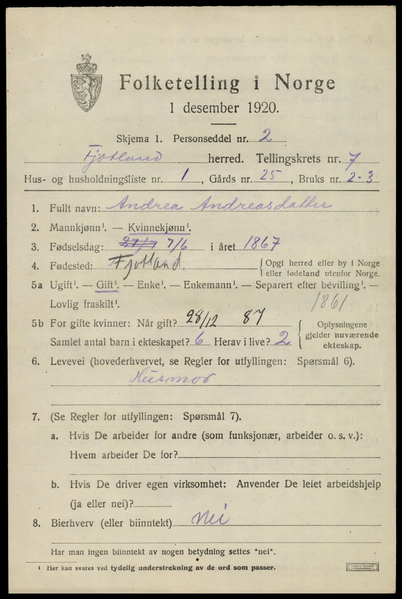 SAK, 1920 census for Fjotland, 1920, p. 1814