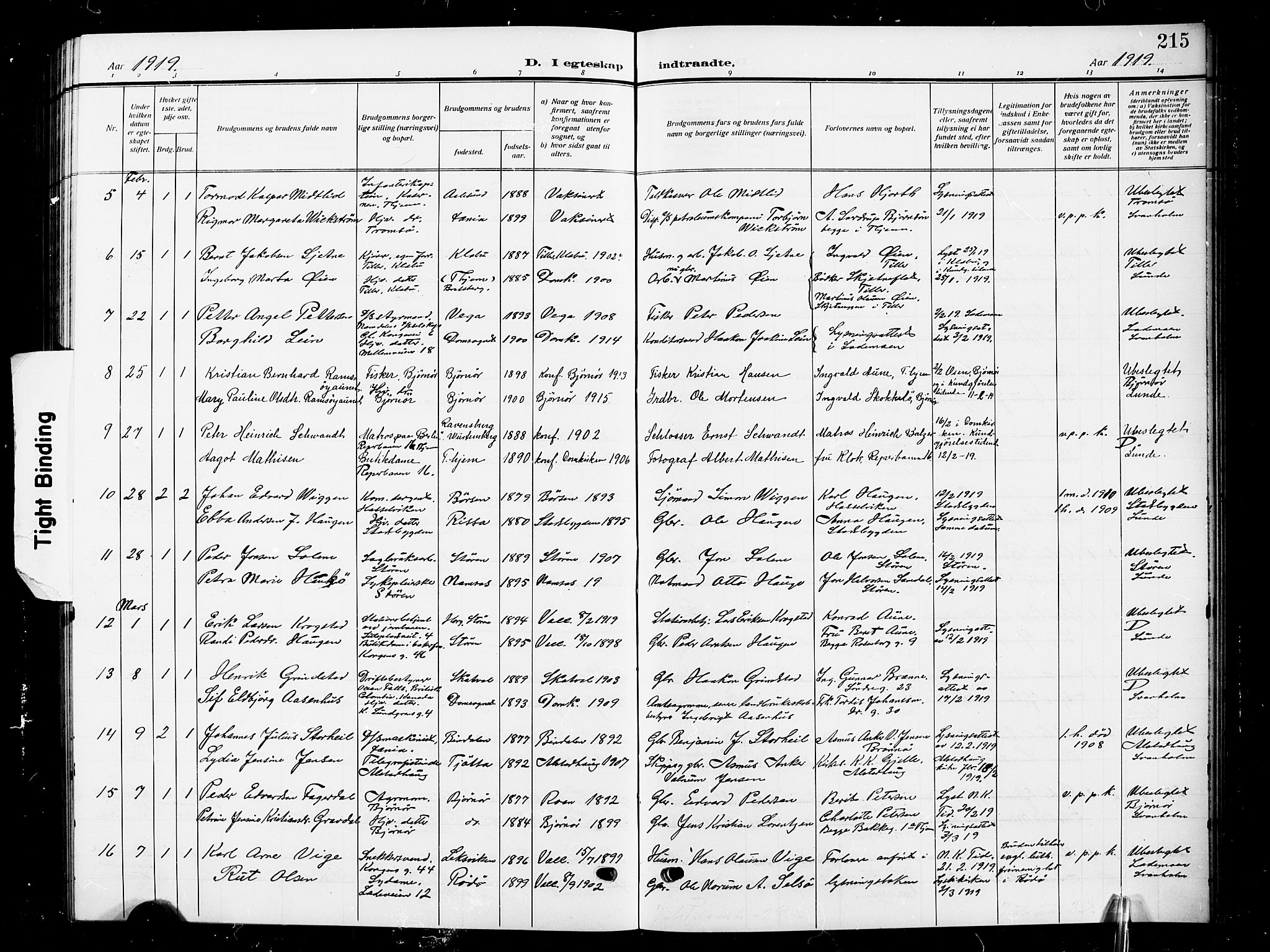 Ministerialprotokoller, klokkerbøker og fødselsregistre - Sør-Trøndelag, SAT/A-1456/601/L0097: Parish register (copy) no. 601C15, 1911-1921, p. 215