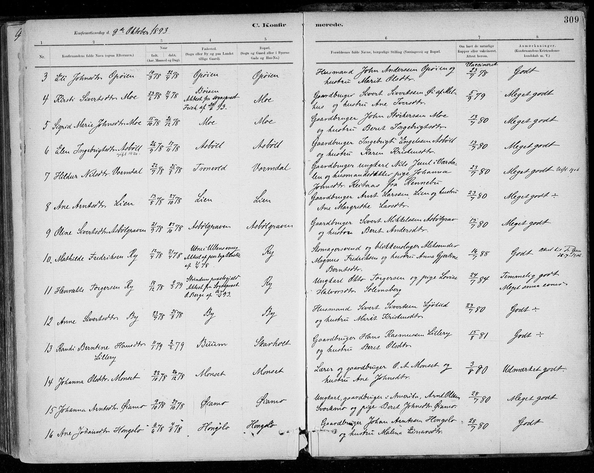 Ministerialprotokoller, klokkerbøker og fødselsregistre - Sør-Trøndelag, SAT/A-1456/668/L0809: Parish register (official) no. 668A09, 1881-1895, p. 309