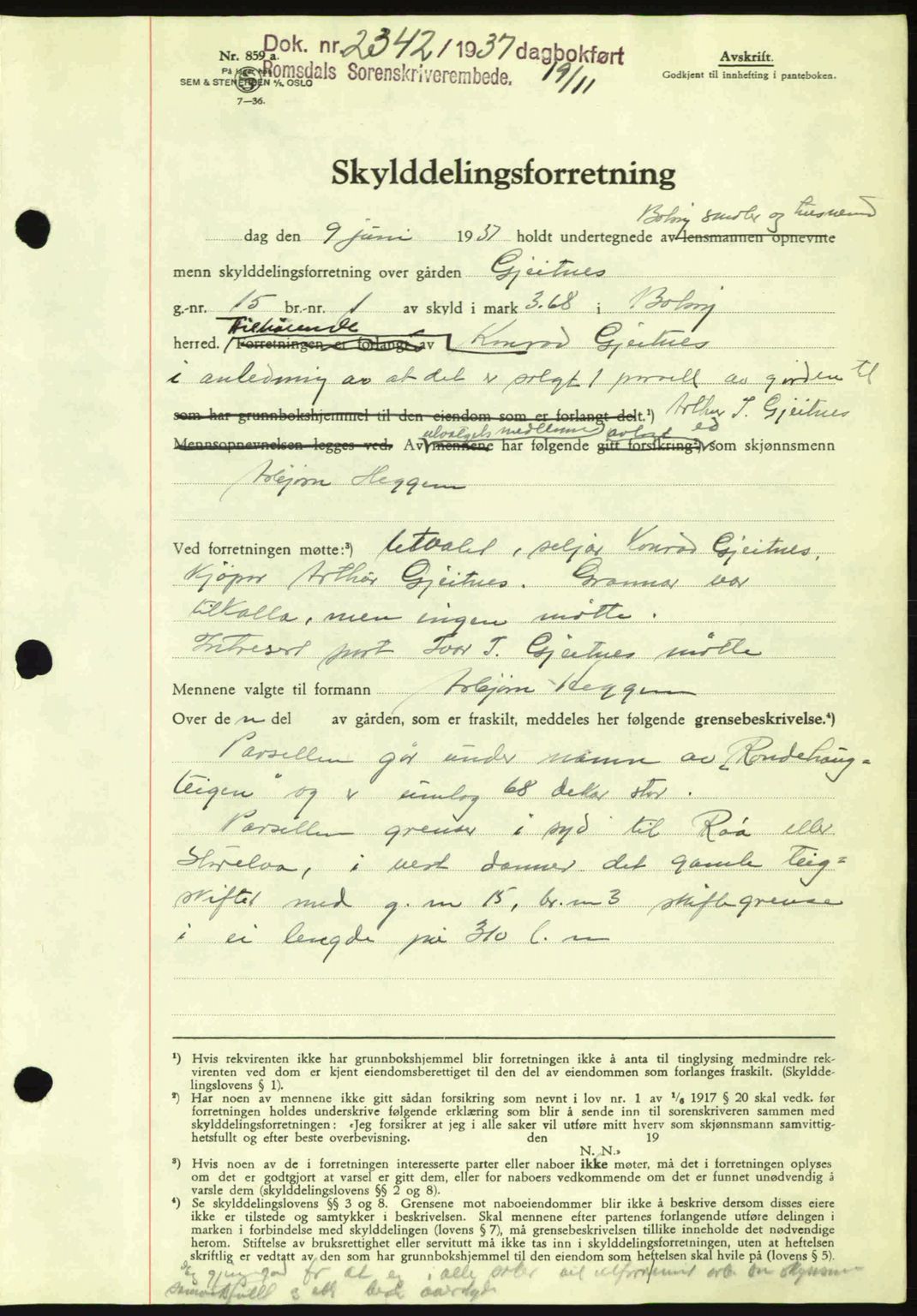 Romsdal sorenskriveri, SAT/A-4149/1/2/2C: Mortgage book no. A4, 1937-1938, Diary no: : 2342/1937