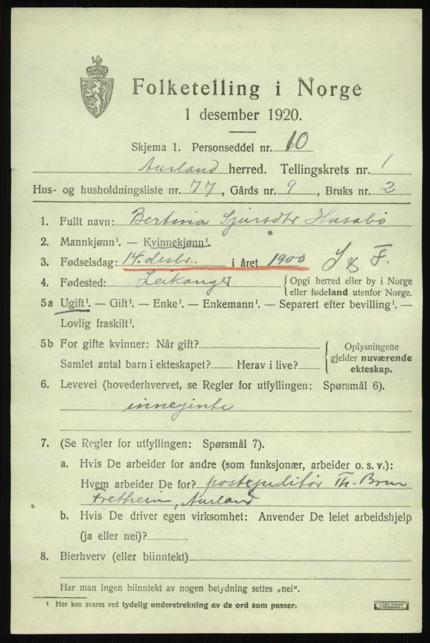 SAB, 1920 census for Aurland, 1920, p. 1832