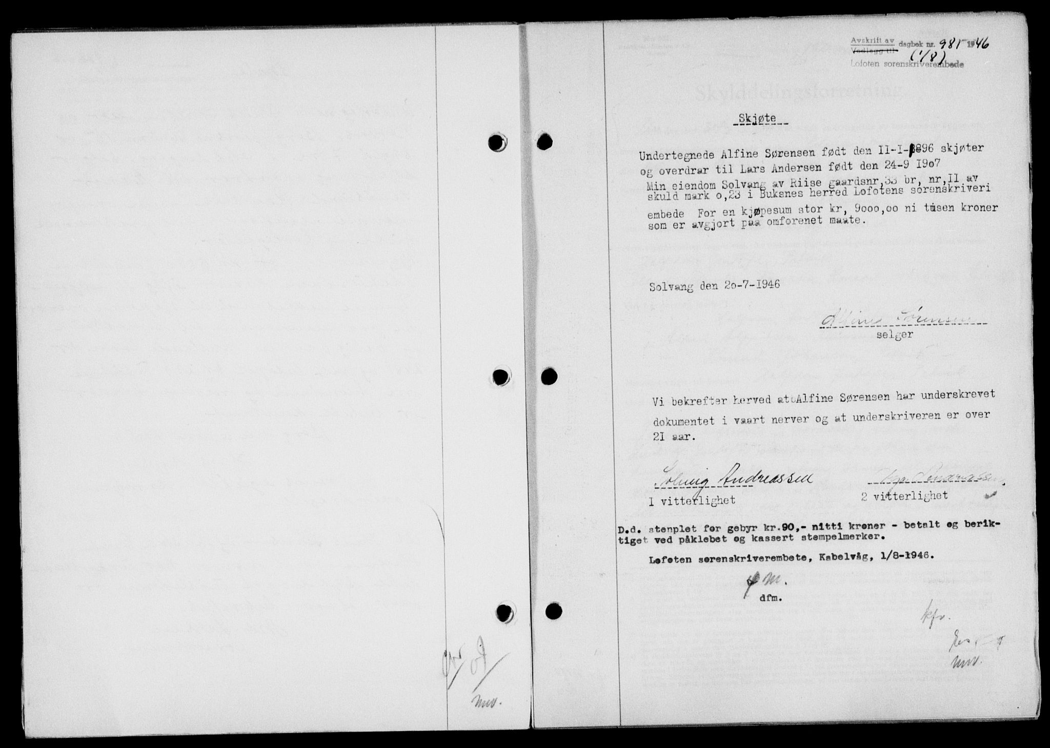 Lofoten sorenskriveri, SAT/A-0017/1/2/2C/L0014a: Mortgage book no. 14a, 1946-1946, Diary no: : 981/1946