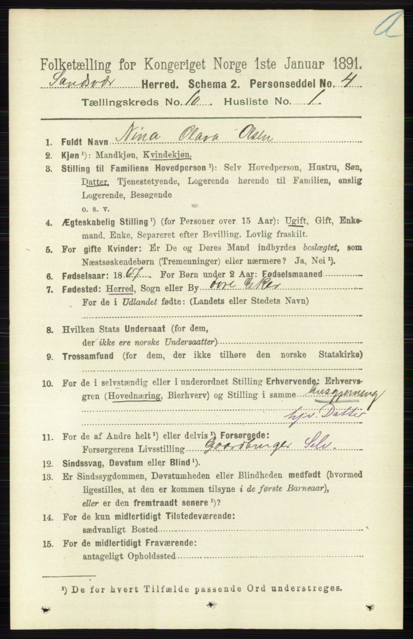 RA, 1891 census for 0629 Sandsvær, 1891, p. 4926