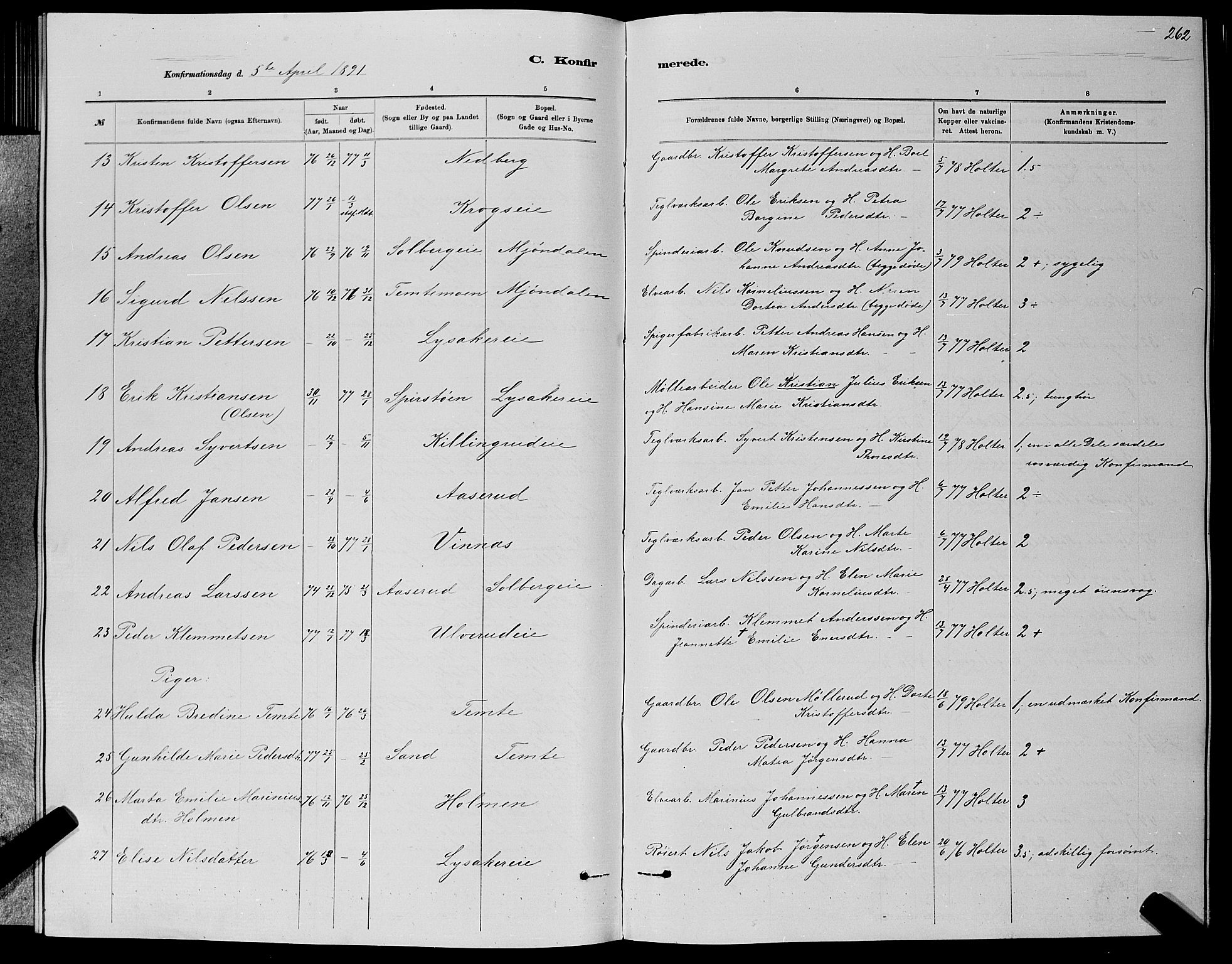 Nedre Eiker kirkebøker, AV/SAKO-A-612/G/Ga/L0002: Parish register (copy) no. 2, 1880-1896, p. 262