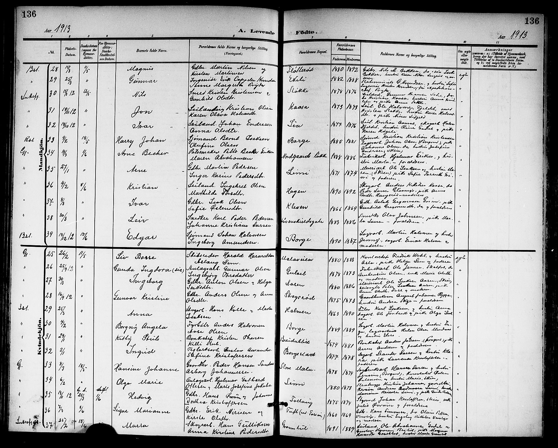 Gjerpen kirkebøker, AV/SAKO-A-265/G/Ga/L0003: Parish register (copy) no. I 3, 1901-1919, p. 136