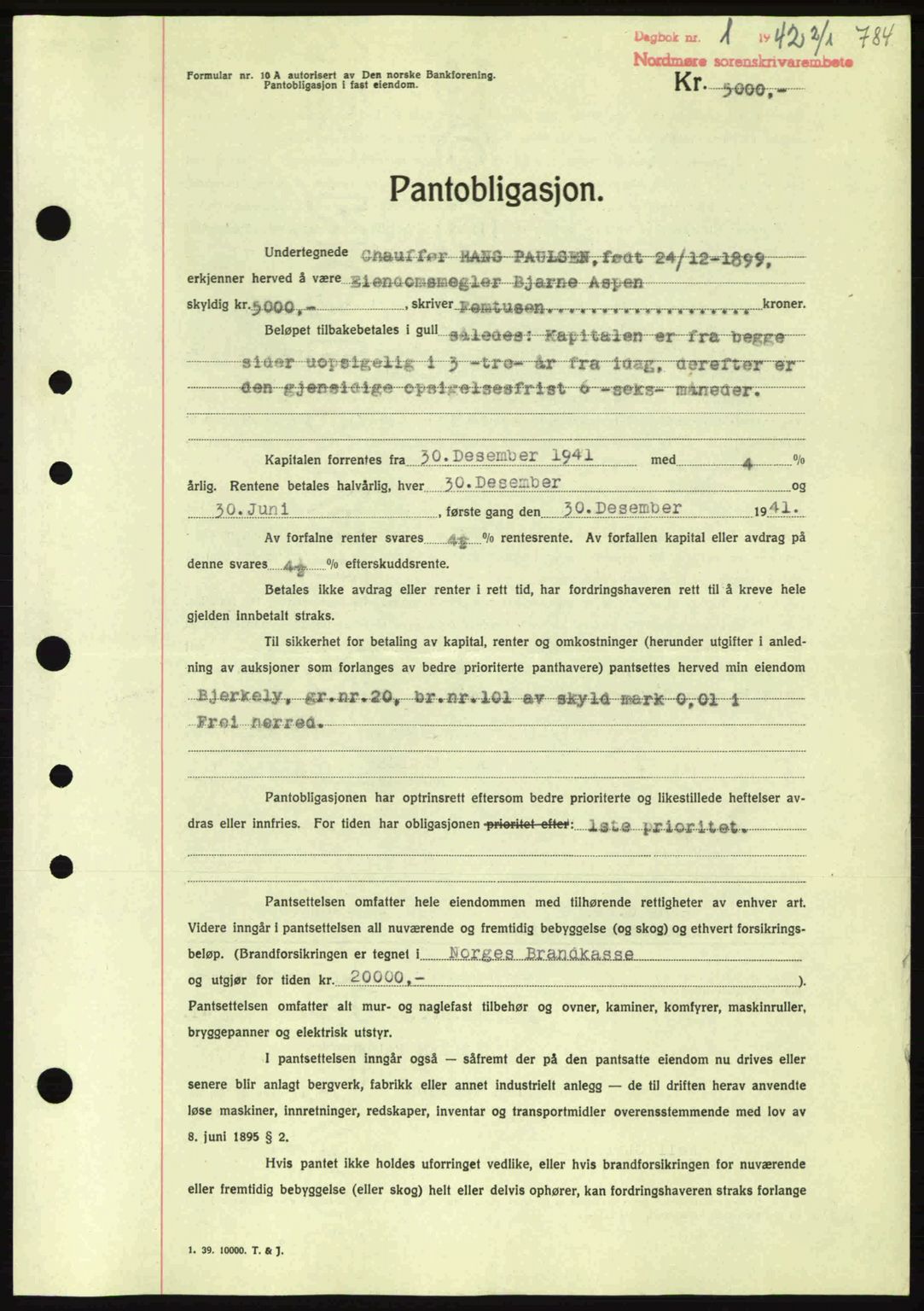 Nordmøre sorenskriveri, AV/SAT-A-4132/1/2/2Ca: Mortgage book no. B88, 1941-1942, Diary no: : 1/1942