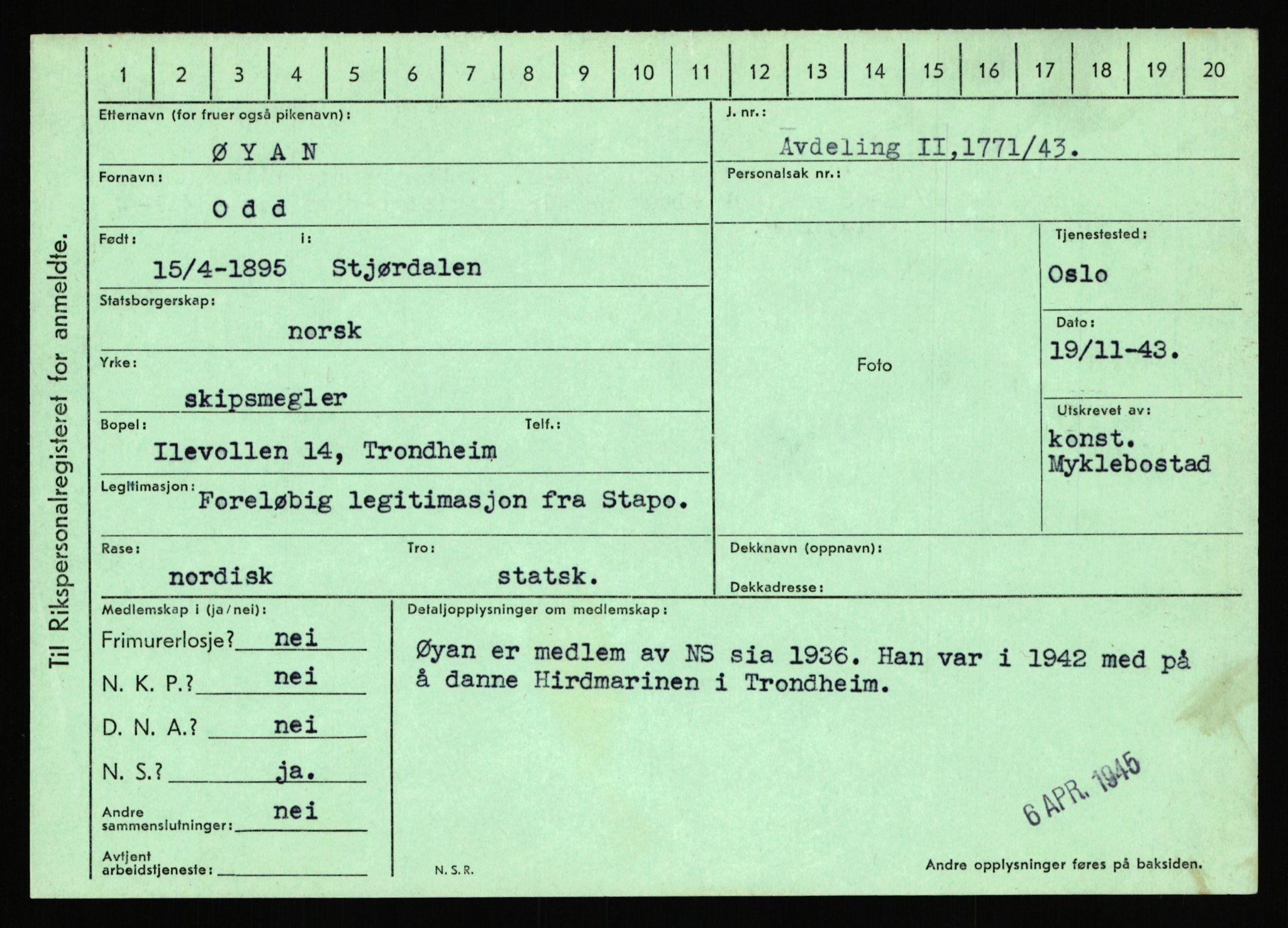 Statspolitiet - Hovedkontoret / Osloavdelingen, AV/RA-S-1329/C/Ca/L0016: Uberg - Øystese, 1943-1945, p. 4192