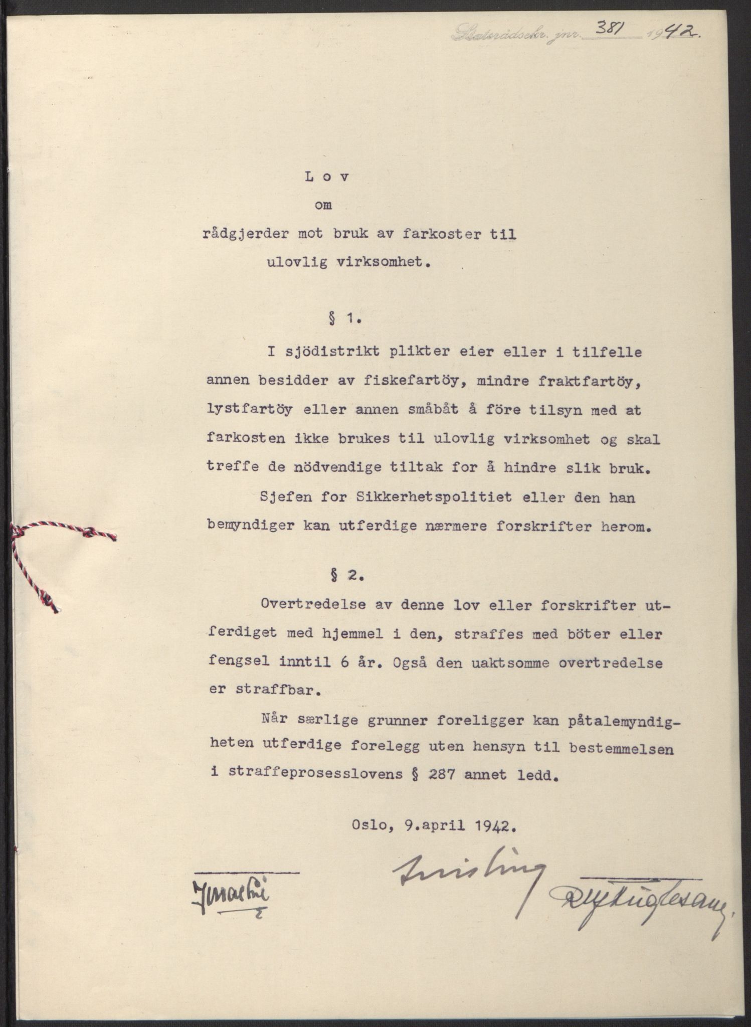NS-administrasjonen 1940-1945 (Statsrådsekretariatet, de kommisariske statsråder mm), RA/S-4279/D/Db/L0097: Lover I, 1942, p. 258