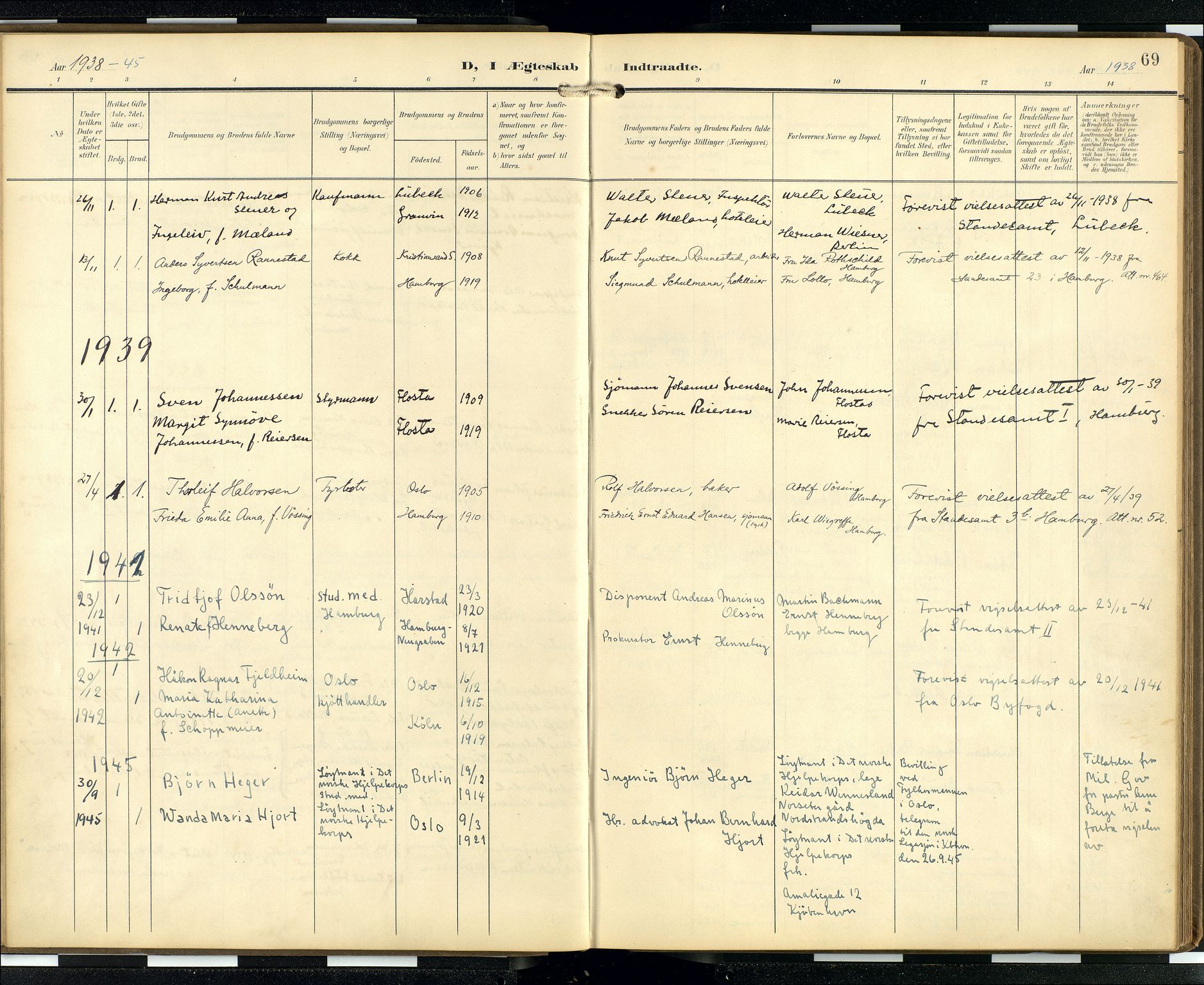 Den norske sjømannsmisjon i utlandet/Hamburg, AV/SAB-SAB/PA-0107/H/Ha/L0001: Parish register (official) no. A 1, 1907-1951, p. 68b-69a