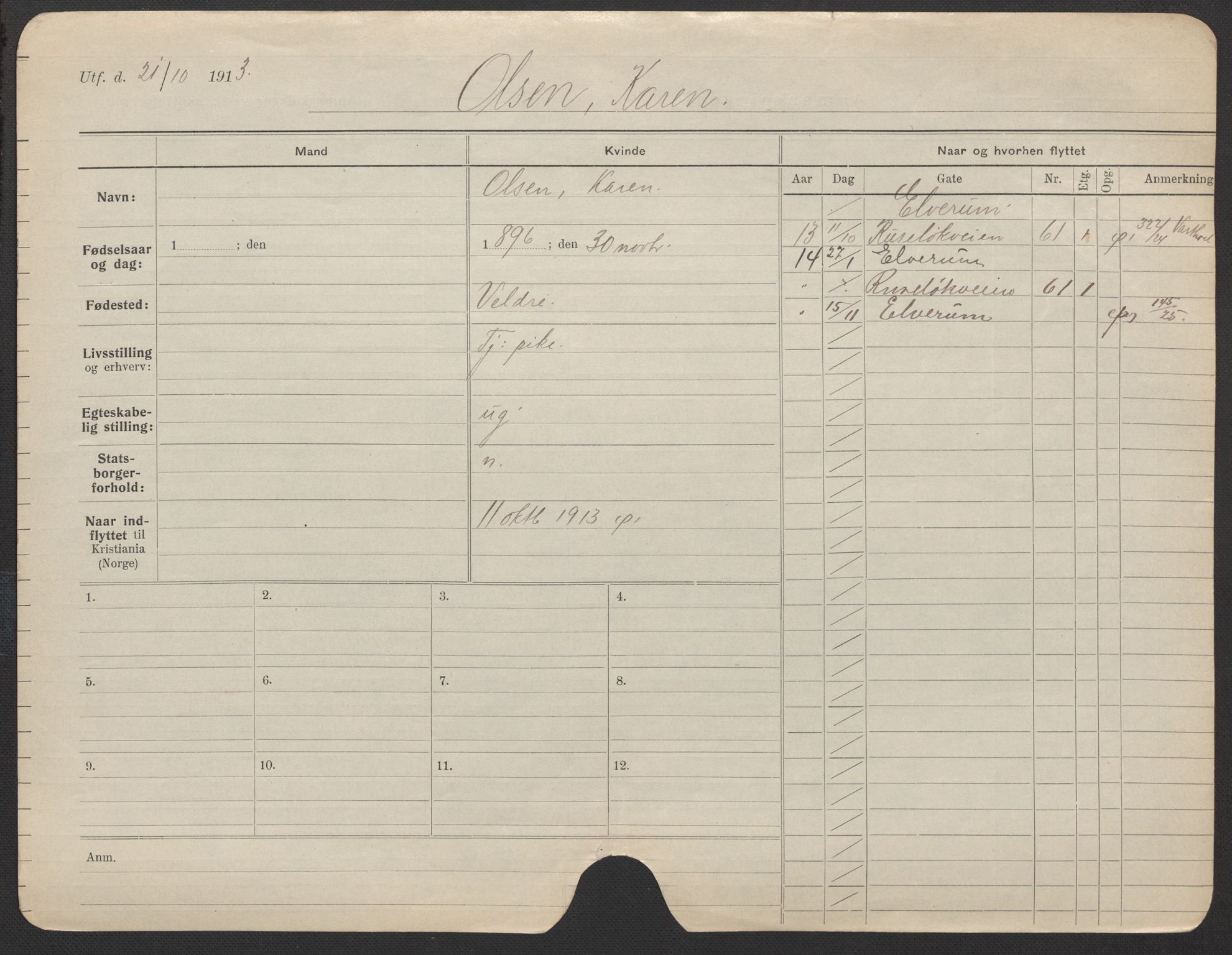 Oslo folkeregister, Registerkort, AV/SAO-A-11715/F/Fa/Fac/L0022: Kvinner, 1906-1914, p. 9a