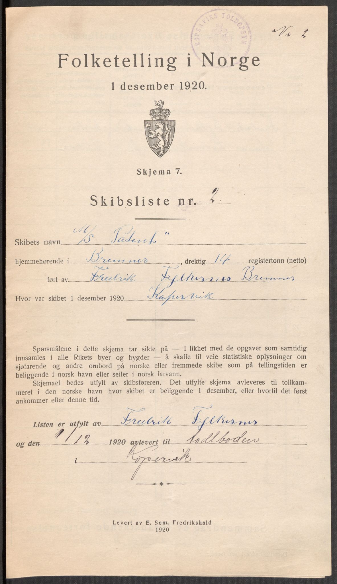 SAST, 1920 census for Kopervik, 1920, p. 4856