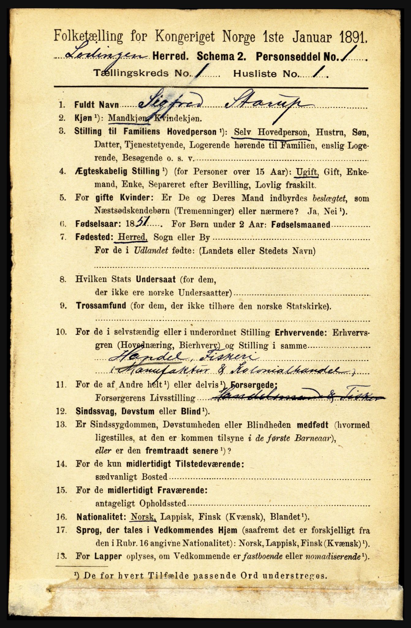 RA, 1891 census for 1851 Lødingen, 1891, p. 100