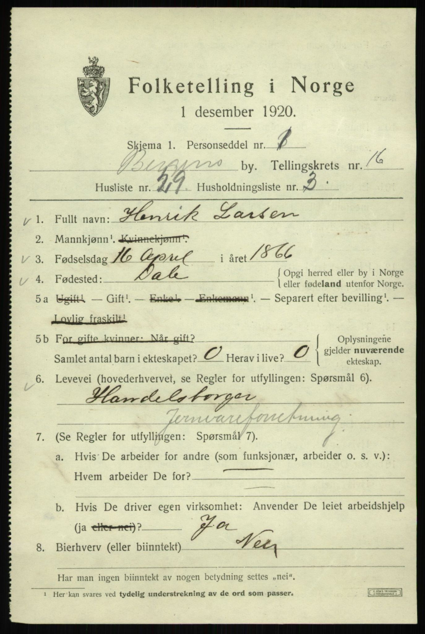 SAB, 1920 census for Bergen, 1920, p. 79087