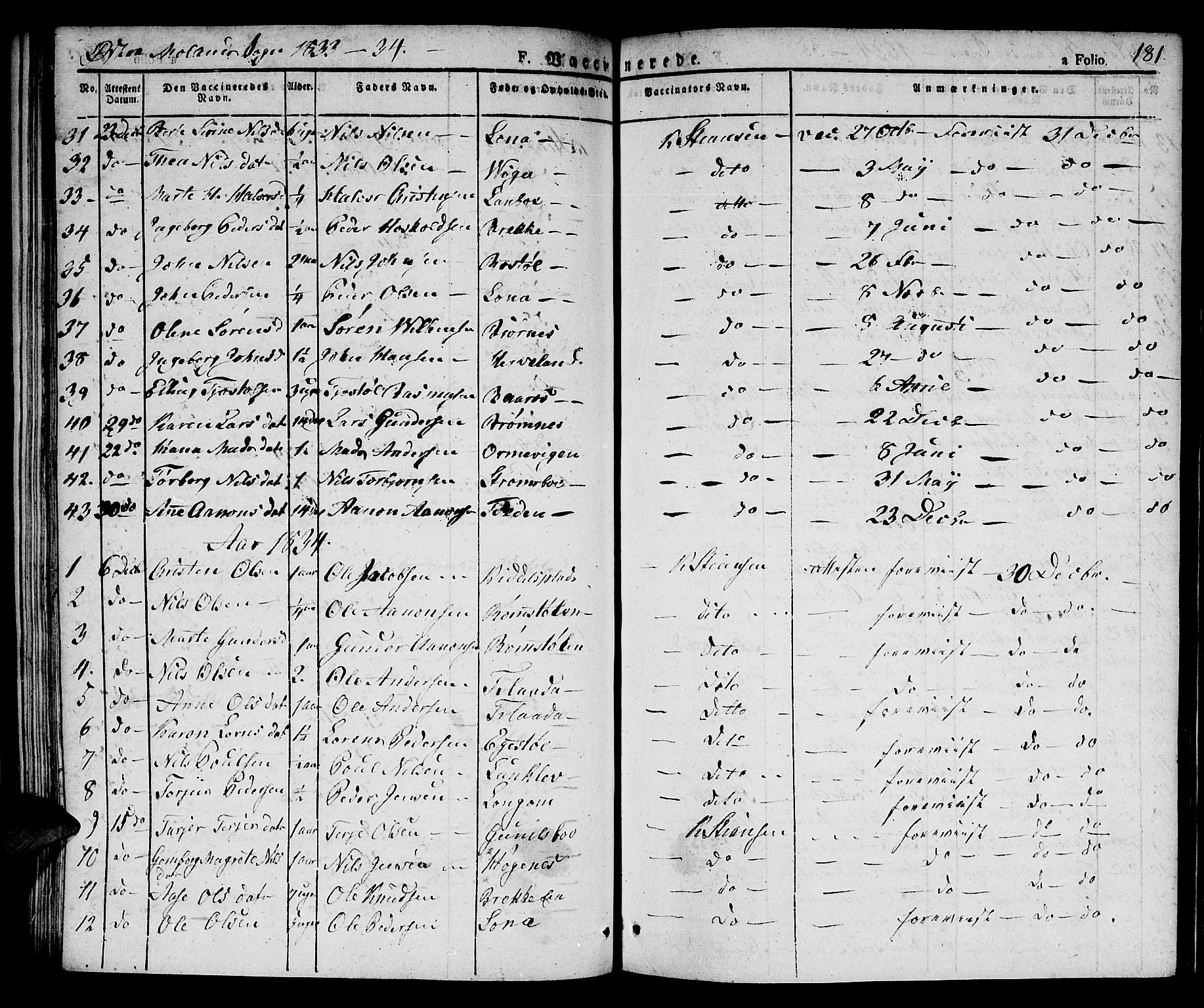 Austre Moland sokneprestkontor, AV/SAK-1111-0001/F/Fa/Faa/L0005: Parish register (official) no. A 5, 1825-1837, p. 181